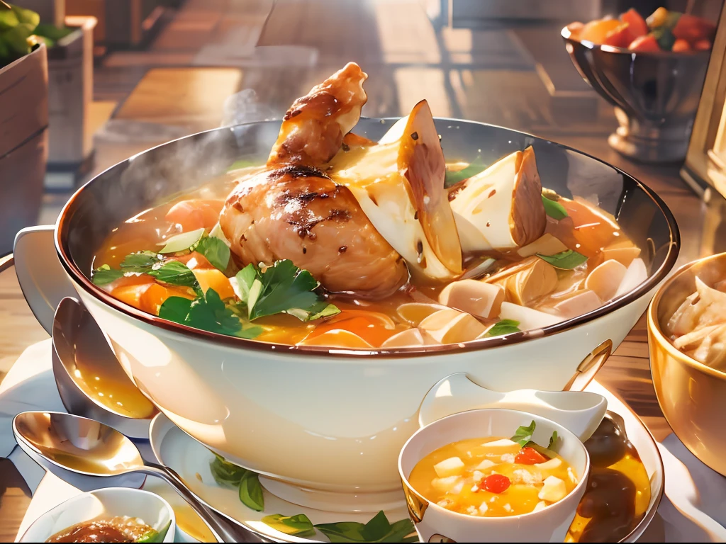 A bowl holds golden broth,The soup has a large golden fully cooked chicken thigh