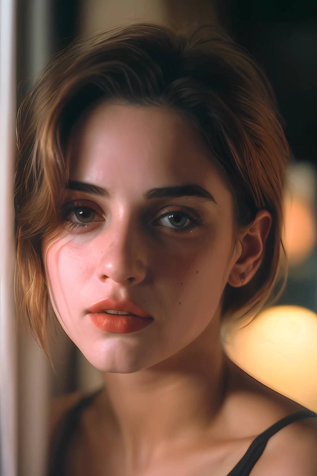 (Close-up, fotografia editorial de uma mulher de 21 anos), (Rosto altamente detalhado:1.4) (sorrir:0.7) (fundo dentro escuro, Moody, estudo privado:1.3) Pov, Directed by: Lee Jeffries, Nikon D850 |, filme fotografia de stock ,4 Kodak Portra 400 ,camera f1.6 lentes ,cores ricas ,hyper realistic ,textura realista, dramatic lighting , cinestill 800,