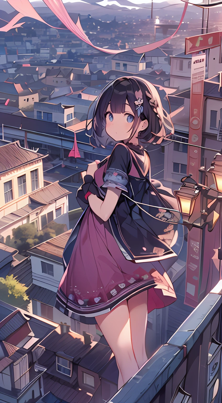 masutepiece, Best Quality,Illustration, Wallpaper, Ultra Detail, absurderes, 1loli, Solo, (Medium short hair、short braided hair), Beautiful detailed eyes , (Street), luminous sky,(a panoramic view:1.3),(Sense of depth:1.5)