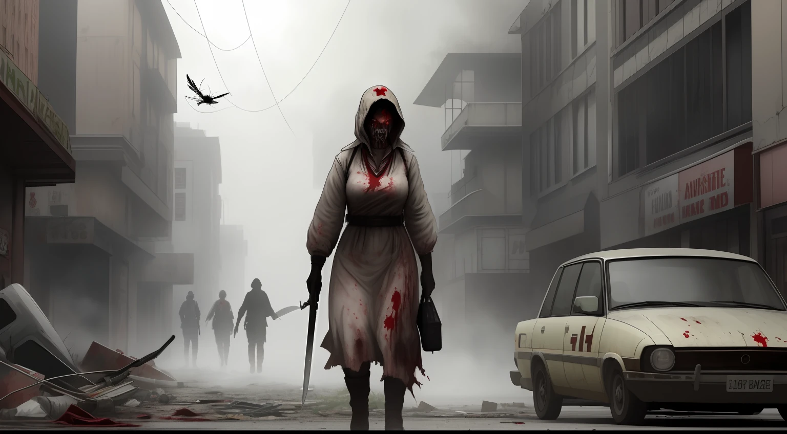 A zombie nurse wearing a bloodstained uniform is wandering down a deserted street in a fictional town called Silent Hill. A enfermeira tem a pele roxa e os olhos fundos. His hair is disheveled and his uniform is torn. The fog is thick and the air is gloomy. The only sound is the wind blowing through the trees. The scenario is apocalyptic and it seems that the end of the world has already happened.
The zombie nurse is carrying a bloody knife.
The street is covered in garbage and rubble.
The cars on the street are rusty and broken.
The air is full of flies and the only sound is the wind blowing through the trees.