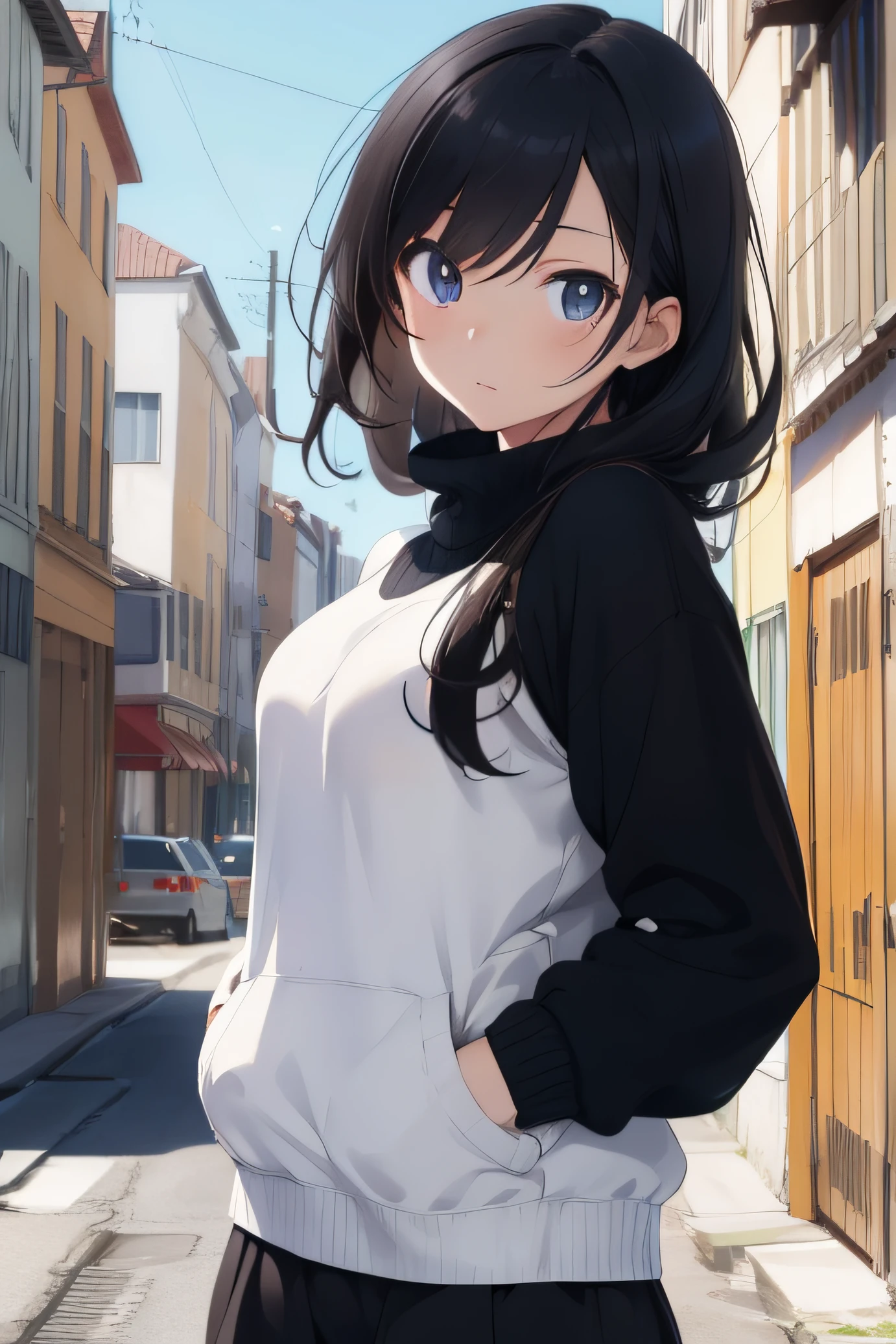 (masterpiece), best quality, expressive eyes, perfect face, 1 anime girl ,mesmerising beautiful black hair, wearing a white sweater, body shot, hands in pocket,anime,highly detailed