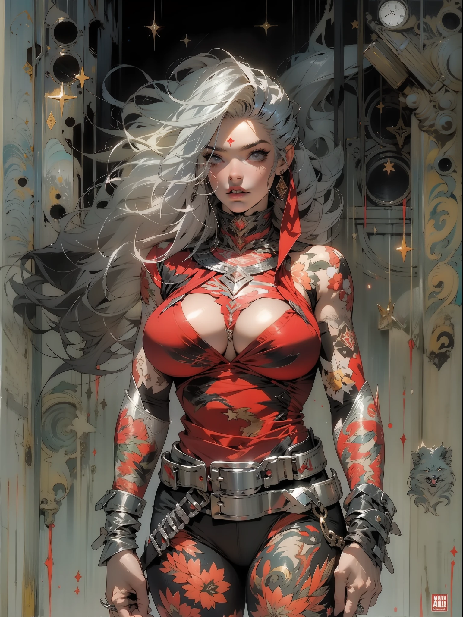 (((mulher))), (((melhor qualidade))), (((obra prima))), (((adulta))), Uma guerreira mulher de 35 anos com corpo perfeito, She-Lobo, (( under boobs )), quase nua no estilo selvagem urbano de Simon Bisley para a capa da revista Heavy Metal, cabelo loiro, Minimum clothing, armadura (vermelho escuro com estrelas brancas), cheio de pontas e rebites manchadas de tinta, tatuagem de estrelas de 5 pontas, (((corpo inteiro))), cabelo preto curto com franja branca cobrindo a testa