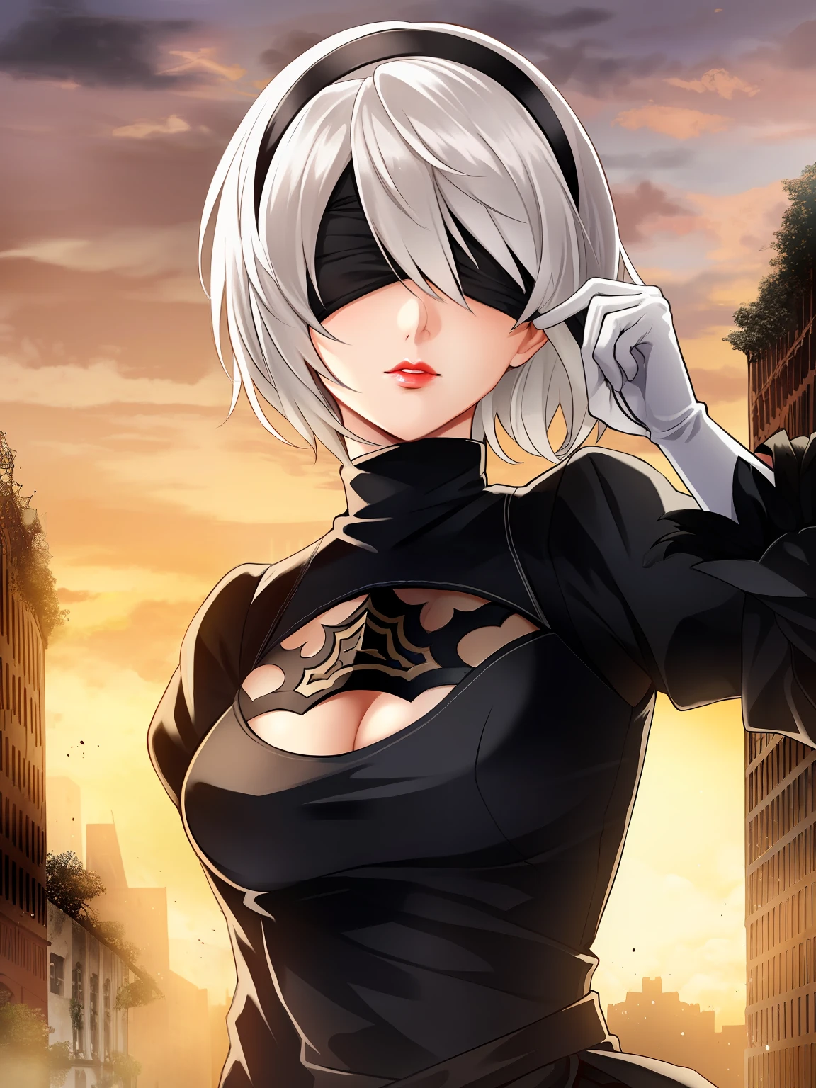 yorha no. 2 type b, 1girl, blindfold, breasts, cleavage, cleavage cutout, clothing cutout, white gloves, hair between eyes, hairband, highres, juliet sleeves, long sleeves, mole under mouth, nier (series), nier automata, oni gini, puffy sleeves, red lips, shaded face, short hair, solo, turtleneck, upper body, white hair, detailed background, destroyed city, ruins, epic, action pose