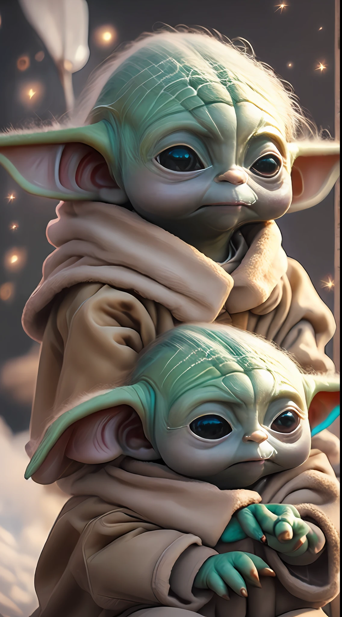 a beautiful little human girl with brown curly hair holding a baby Yoda in her lap, Grogo, yoda guerra nas estrelas, artstation, CGI_Animation