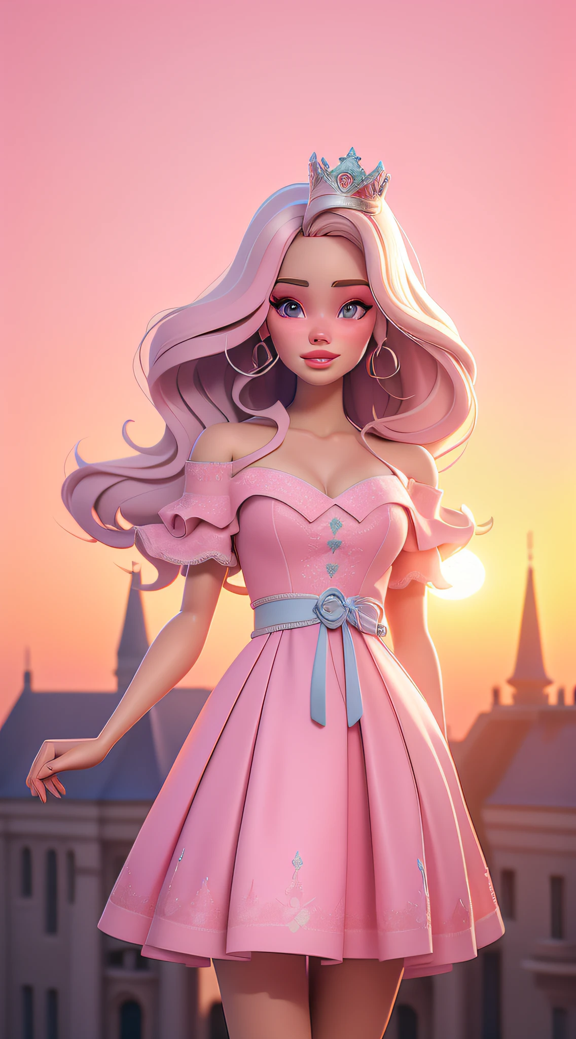 dynamic lighting, 3D model art, A Barbie princess wearing a lovely pink dress, ((sunrise)), The background is a grand castle amidst a magical sunrise, borrowing elements from the scenic grandeur of National Geographic landscapes, beautiful scene is brought to life, by the talented Alec Soth, retina, anatomically correct, textured skin, award winning