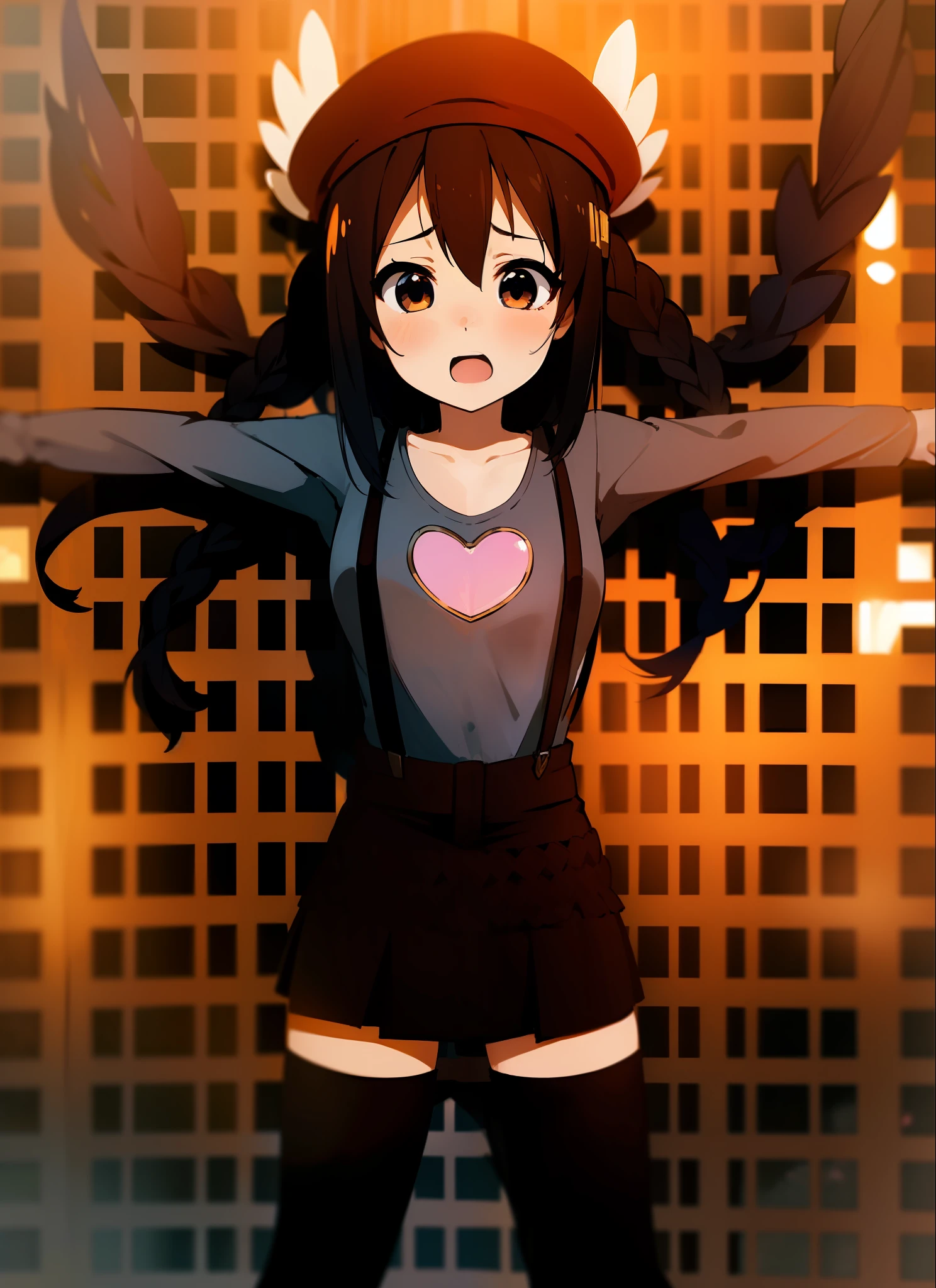 1girl, (((masterpiece))), top-quality, top-quality, High Details, nakano azusa, 1girl, Twin-tailed, length hair, A dark-haired, brown-eyed, Gray T-shirt.suspenders.a black skirt.illustratio, comic strip, soothing tones, Subdued Color, Soft cinematic light, adobe lightroom, photolab, HDR, intricately and hyper-detailed、(((depth of fields))))。(((masterpiece)))。(((top-quality))).)((ultra-detailliert)))。(((illustratio)))。(((takeout))).dynamic focus.big breasts.(((Skyscrapers))).(((A city scape))).(((Face of sadness))). open mouth.(((Spread your arms))).(((up chest))).((evening glow)).((the setting sun)).(((Heart on chest))).Feathered hat.