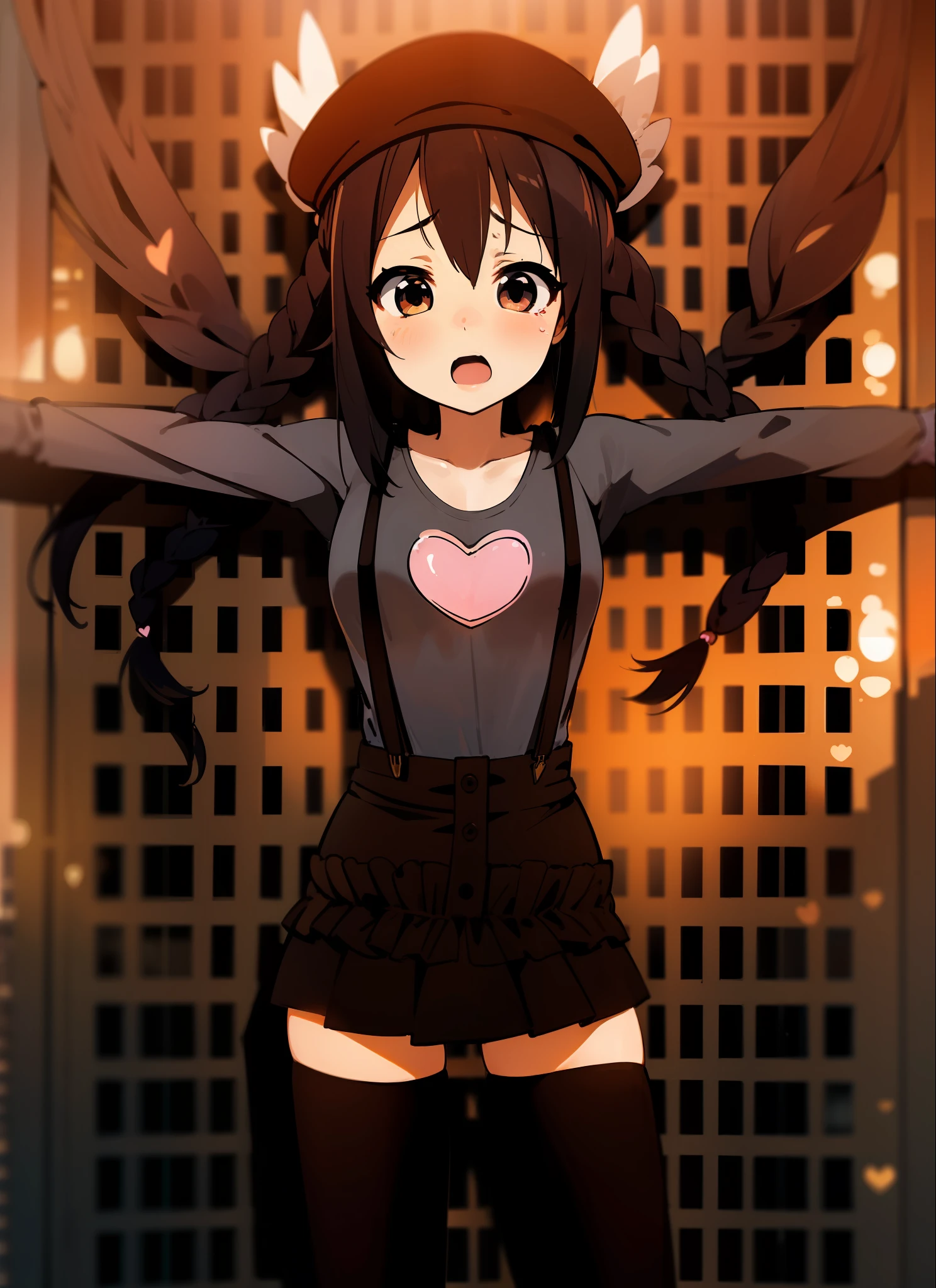 1girl, (((​masterpiece))), top-quality, top-quality, High Details, nakano azusa, 1girl, Twin-tailed, length hair, A dark-haired, brown-eyed, Gray T-shirt.suspenders.a black skirt.illustratio, comic strip, soothing tones, Subdued Color, Soft cinematic light, adobe lightroom, photolab, HDR, intricately and hyper-detailed、(((depth of fields))))。(((​masterpiece)))。(((top-quality))).)((ultra-detailliert)))。(((illustratio)))。(((takeout))).dynamic focus.big breasts.(((Skyscrapers))).(((A city scape))).(((Face of sadness))). open mouth.(((Spread your arms))).(((up chest))).((evening glow)).((the setting sun)).(((Heart on chest))).Feathered hat.