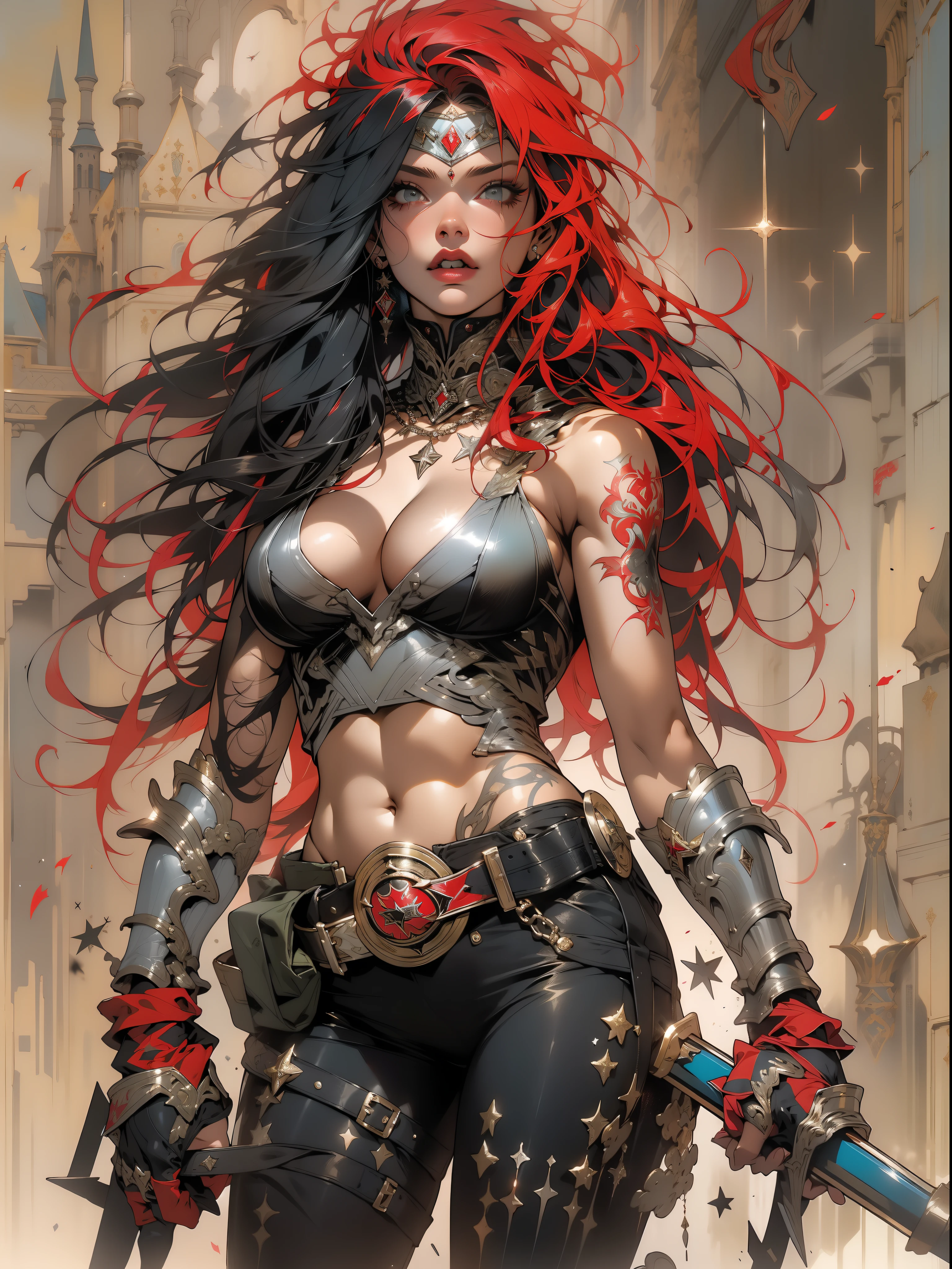 (((mulher))), (((melhor qualidade))), (((obra prima))), (((adulta))), Uma guerreira mulher de 35 anos com corpo perfeito, She-Lobo, (( under boobs )), quase nua no estilo selvagem urbano de Simon Bisley para a capa da revista Heavy Metal, cabelo loiro, Minimum clothing, armadura (vermelho escuro com estrelas brancas), cheio de pontas e rebites manchadas de tinta, tatuagem de estrelas de 5 pontas, (((corpo inteiro))), cabelo preto curto com franja branca cobrindo a testa