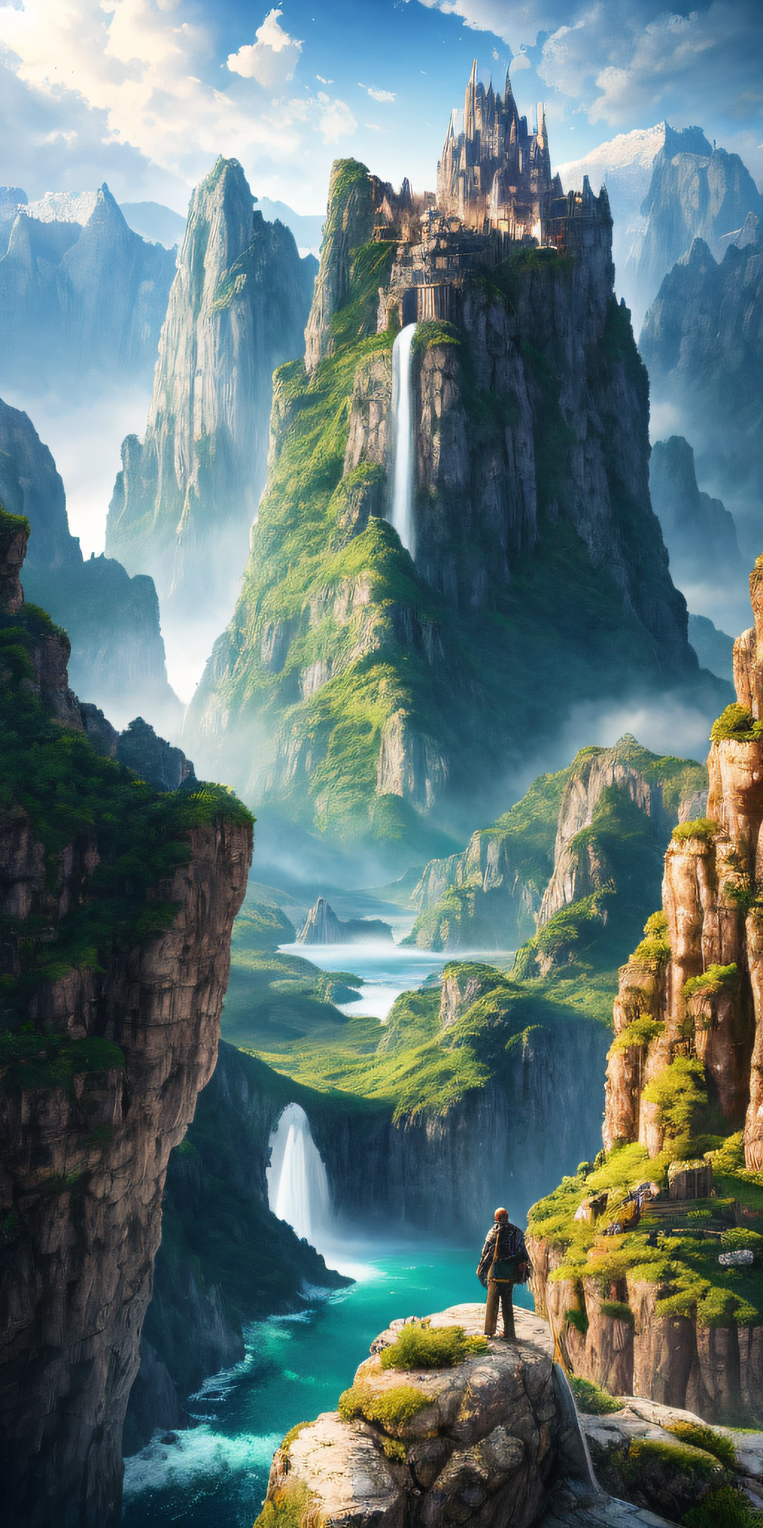 Masterpiece, best quality, high quality, extremely detailed CG unity 8k wallpaper, landscape, outdoor, sky, cloud, sky, no humans, mountain, landscape, water, tree, blue sky, waterfall, cliff, nature, lake, river , cloudy skies, award winning photography, bokeh, depth of field, HDR, bloom, chromatic aberration, photorealism, very detailed, trending on artstation, trending on CGsociety, intricate, high detail, dramatic, midjourney art