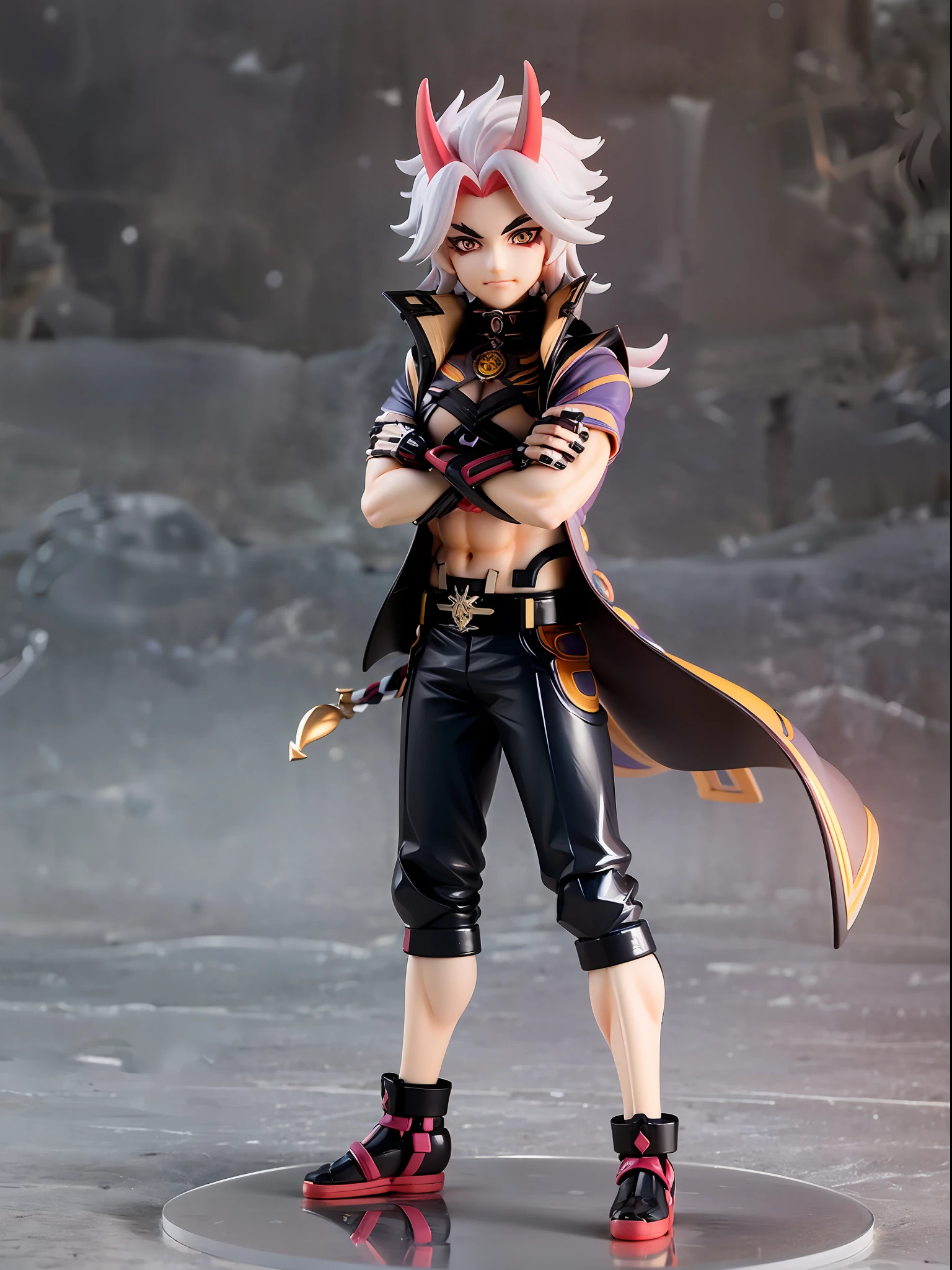 (Blind box toy style:1.3), (Full body shot) , 1 masterpiece, Best quality, ((anatomy correct，1 boy solo)),(arataki itto：1.2) (Genshin Impact), laugh,male focus, black nails, arataki itto, red horns, solo, long white hair,  Clean, Clean dark background （circular base）( Global illumination, Ray traching, hdr, unreal render,reasonable design, high detal, Masterpiece, Best quality, hyper HD, Cinematic lighting)