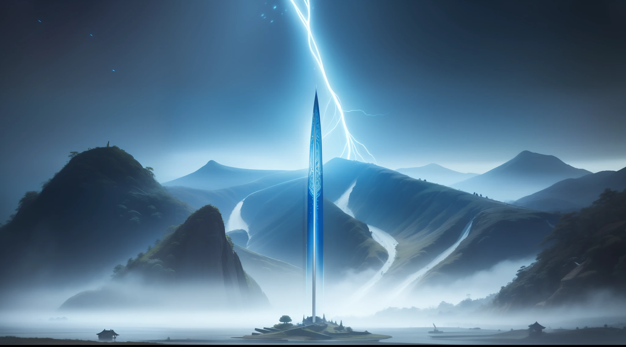 The sword,Surrounded by light,blue colors,baiyun,steins,classical realism,Surreal animation,rural landscape,mysticism,Chinese painting style,8K,High picture quality,Game CG resolution,Chinese ancient style concept art, Authentic concept art, ultra-realistic realism, ultra realistic concept art, terroral,Ghastly,lonely,There are no characters,There are no characters,