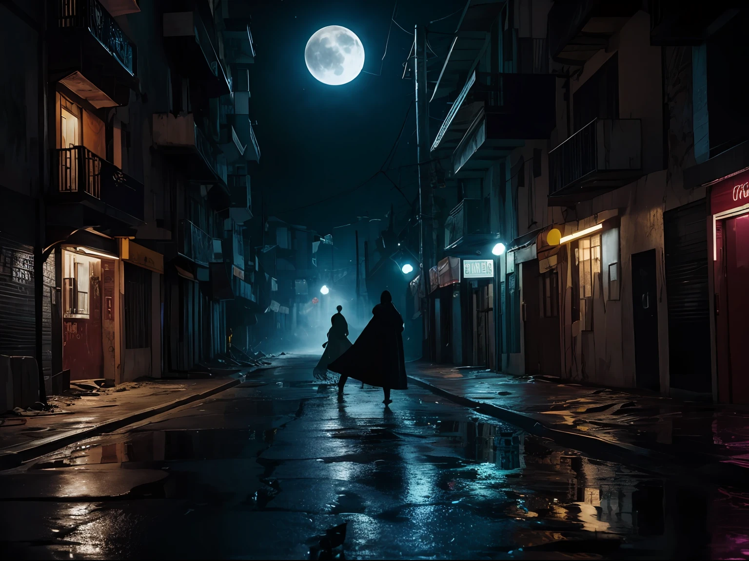 Em uma rua deserta e sombria de uma cidade futurista, Night falls over the scenery with a resplendent moon, emitindo sua aura maligna. The darkness is intense, Apenas quebrado pelos fracos feixes de luz da lua sinistra. The streets are empty and silent, with decrepit buildings and broken windows, testemunhas do caos que uma vez assolou o local. The air is dense and oppressive, carregado com uma energia sinistra que faz os pelos da nuca se arrepiarem. Distorted and menacing shadows dance on the walls, seeming to take on a life of its own. Nessa atmosfera aterrorizante, It is impossible to escape the feeling that chaos still dwells in the depths of this dark street and is just waiting for the right moment to emerge again.