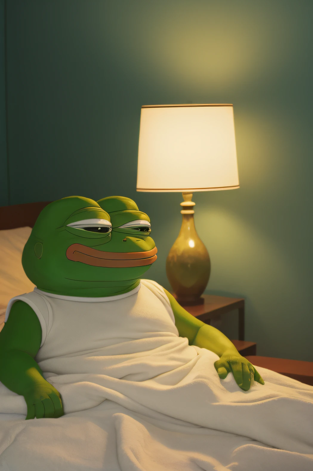 Raw photo, Pepe_Sleepy frog, Bedroom in the background, Soft lighting, filmg,