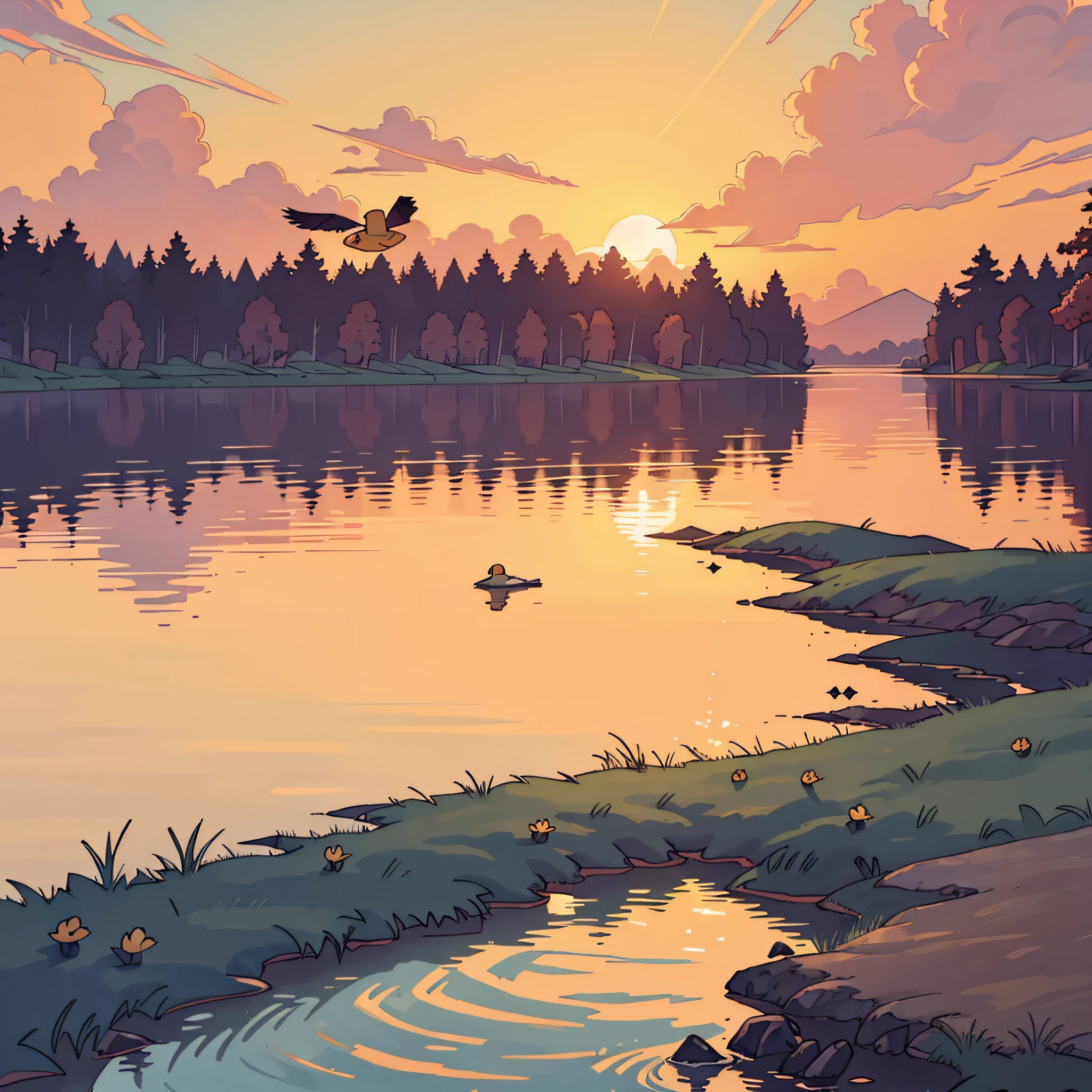The sunset and the lone duck fly together, and the autumn water is the same color as the sky