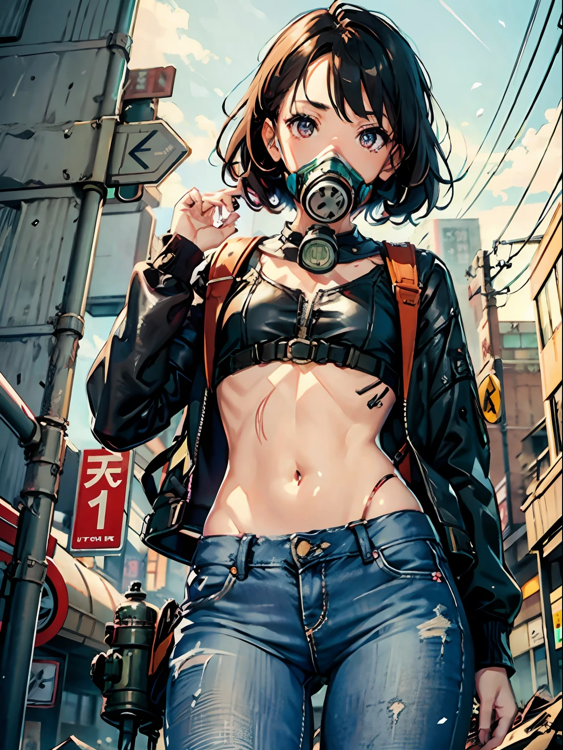 1girl in, (Solo:1.2), [slim], (Small chest), pale skin, ((Detailed eyes)), (bokeh effects), (Dynamic Angle), Dynamic Pose, (deserted city、[JR Utsunomiya Station］Signs of 1.3), Short curly hair, Leather jacket, Ripped jeans, High boots, (backpack), knife holder, (a gas mask:1.2), (ruined buildings), (dark and cloudy sky), Dirty hair, (Wasteland:1.3), Dirty hair, radio, ((masutepiece))