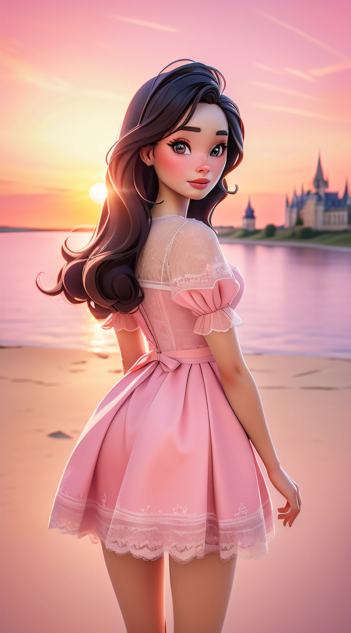 dynamic lighting, 3D model art, A Barbie princess wearing a lovely pink dress, ((sunrise)), The background is a grand castle amidst a magical sunrise, borrowing elements from the scenic grandeur of National Geographic landscapes, beautiful scene is brought to life, by the talented Alec Soth, retina, anatomically correct, textured skin, award winning