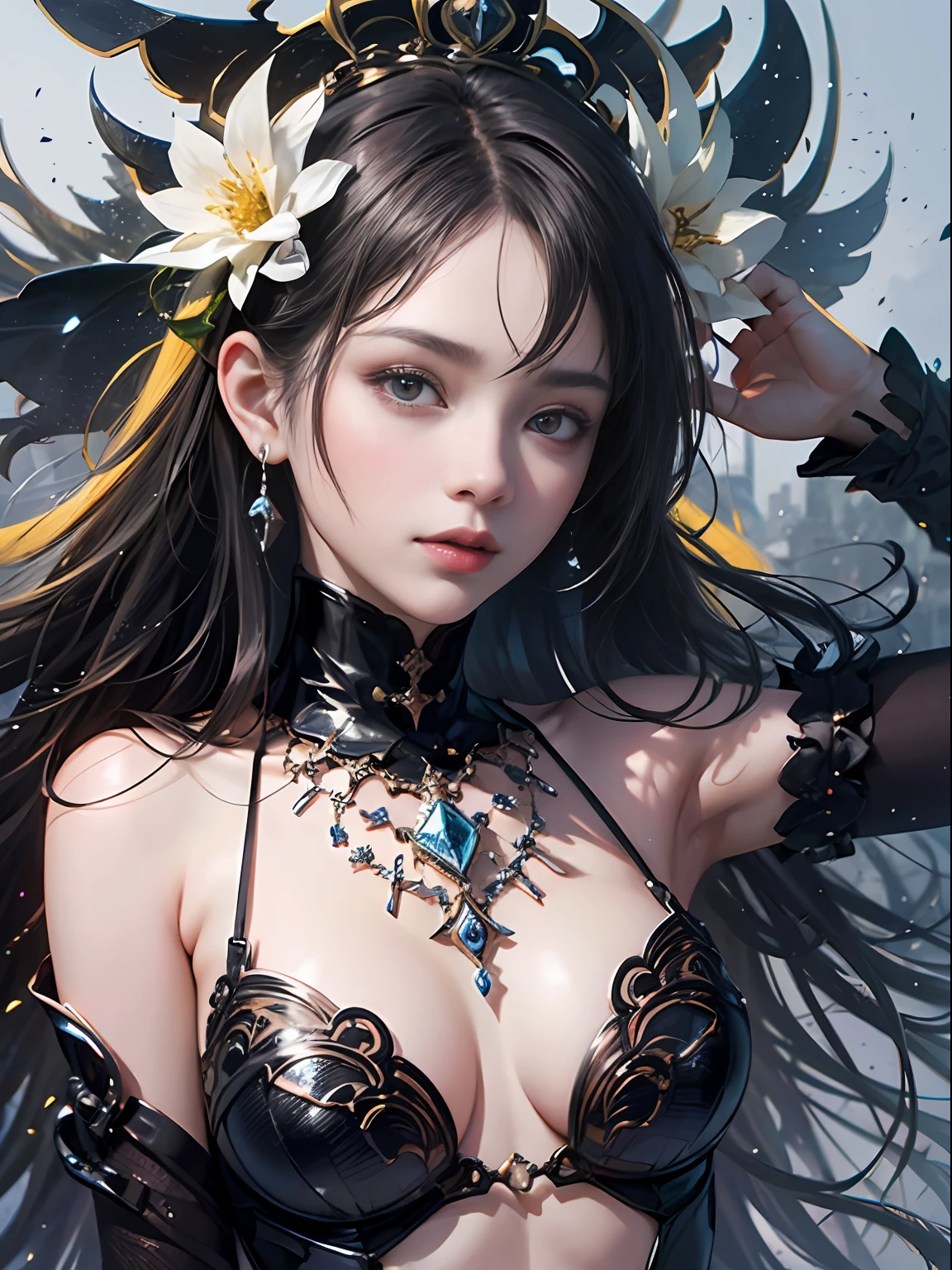offcial art,统一 8k 壁纸,ultra - detailed,Beauty and aesthetics,tmasterpiece,best qualtiy,(zentangle,datura,Tangles,entangled),(s fractal art:1.3),1girl,The is very detailed,dynamic angle,cowboyshot,The most beautiful form of chaos,Elegant,brutalist,vivd colour,Kelsang flower crown,romanticism lain,James Jean,Robbie Devi Antono,ross tran,Francis Bacon,Michal Mraz,adrian ghenie,petra cortright,Gerhard Richter,Takato Yamamoto,Ashley Wood,Atmospheric,A note of ecstasy,streaming musical notes visible,(White yarn),(full bodyesbian),