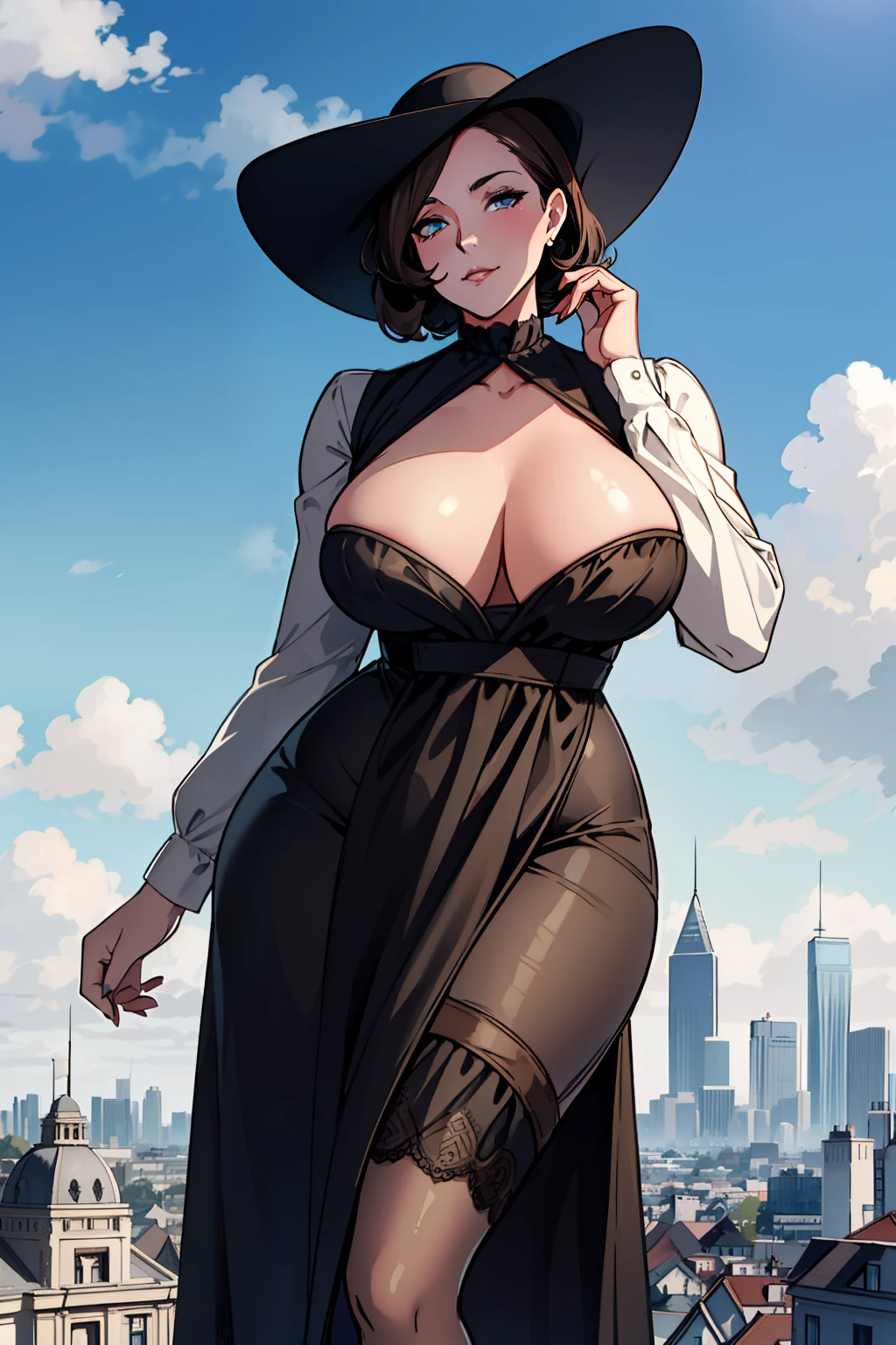 GtsGiga,Gtscity,Plump,grey skinned woman,succubus,short hair,brown hair,blue eyes,haertshaped tail,Victorian era dress,black sunhat,high heels,masterpiece,best quality,large breast,morthely,morthely side plait,cityscape,clouds,woman,grey skin,chubby