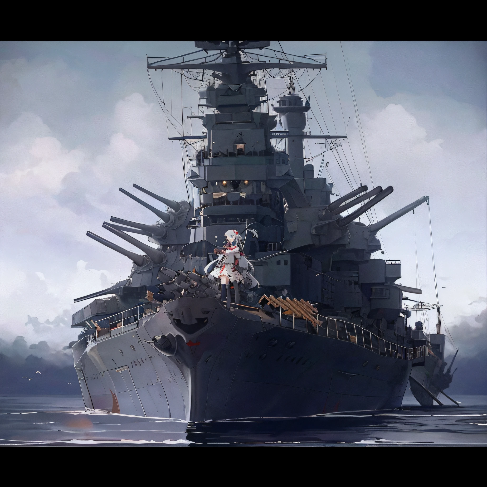 There was a large battleship in the water, konpeki no kantai, Kantai collection style, warship, kancolle, Guweiz on ArtStation Pixiv, Guweiz in Pixiv ArtStation, Guviz, Anime epic artwork, realistic warship design, girl with warship parts, Yamato, 《Ghost Wind Special Assault Team》The art of pixels