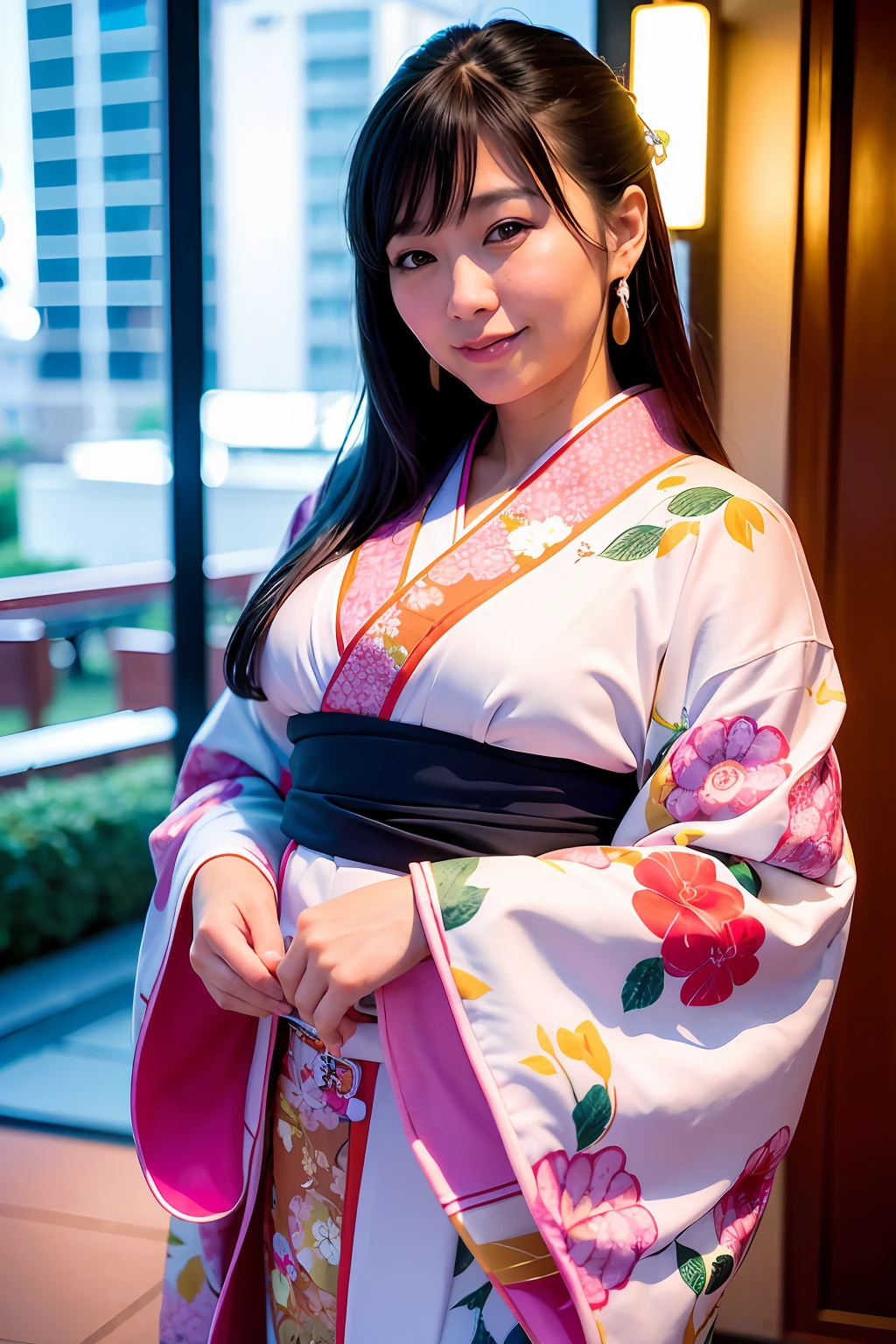 woman posing for a photo with hands behind her back, (wearing kimono_clothes, colorful dress:1.3),beautiful jpd_woman,perfect jpd_face,perfect jpd_body,
good hand,4k, high-res, masterpiece, best quality, head:1.3,((Hasselblad photography)), finely detailed skin, sharp focus, (cinematic lighting), collarbone, night, soft lighting, dynamic angle, [:(detailed face:1.2):0.2],(((5 stars hotel))), outside,