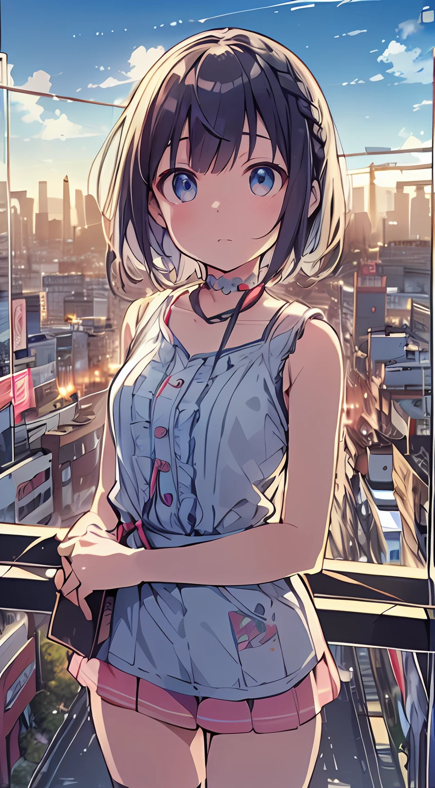 masutepiece, Best Quality,Illustration, Wallpaper, Ultra Detail, absurderes, 1loli, Solo, (Medium short hair、short braided hair), Beautiful detailed eyes , (Street), luminous sky,(a panoramic view:1.3),(Sense of depth:1.5)