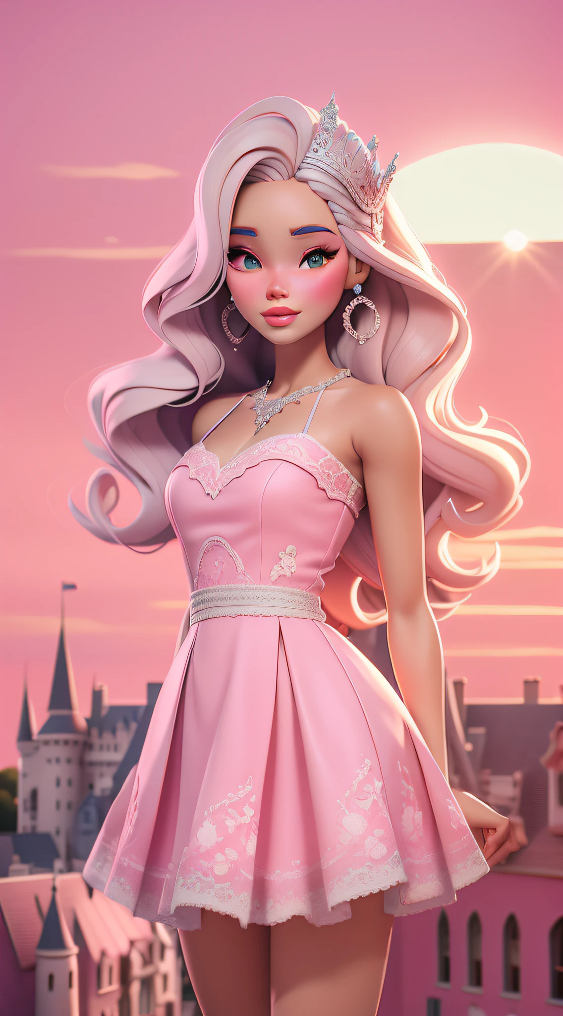 dynamic lighting, 3D model art, A Barbie princess wearing a lovely pink dress, The background is a grand castle amidst a magical sunrise, borrowing elements from the scenic grandeur of National Geographic landscapes, beautiful scene is brought to life, by the talented Alec Soth, blending, cinematic lighting, retina, anatomically correct, textured skin, award winning