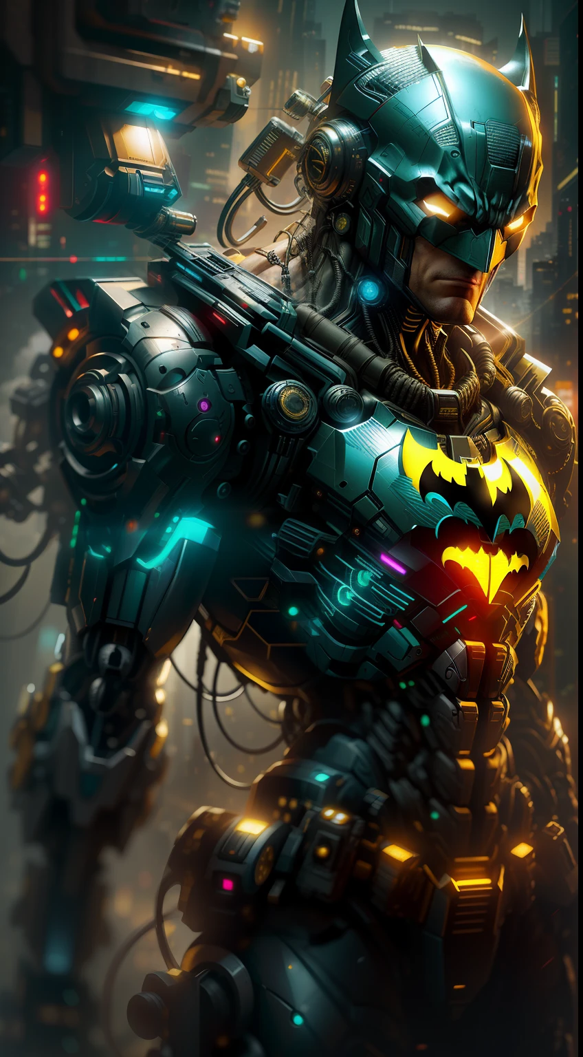 Batman from DC photography, biomechanics, complex robot, golden batman logo, full growth, hyper-realistic, crazy little details, incredibly clean lines, cyberpunk aesthetic, masterpiece featured on Zbrush Central, cyberpunk city backdrop