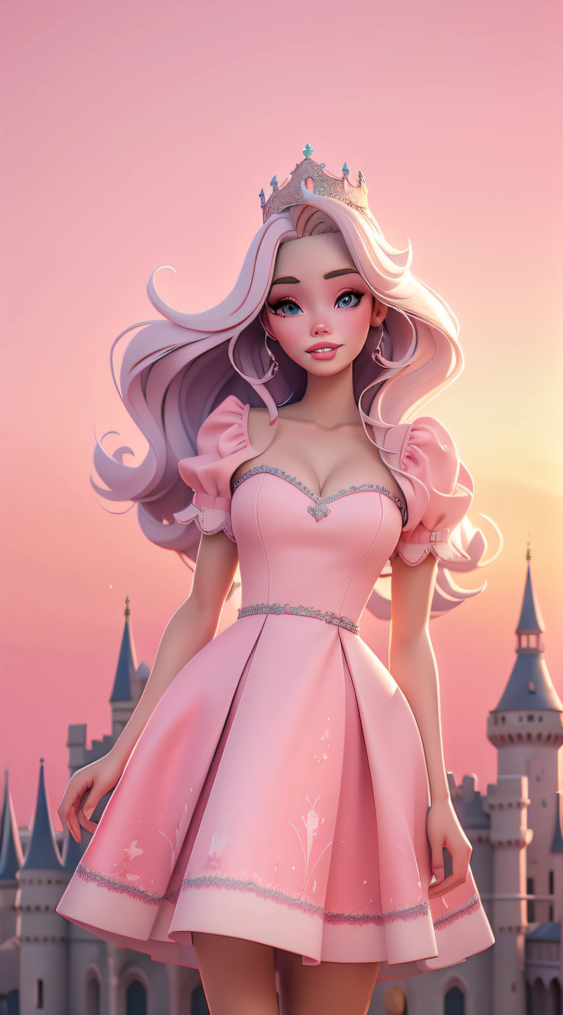 dynamic lighting, 3D model art, A Barbie princess wearing a lovely pink dress, The background is a grand castle amidst a magical sunrise, borrowing elements from the scenic grandeur of National Geographic landscapes, beautiful scene is brought to life, by the talented Alec Soth, blending, cinematic lighting, retina, anatomically correct, textured skin, award winning