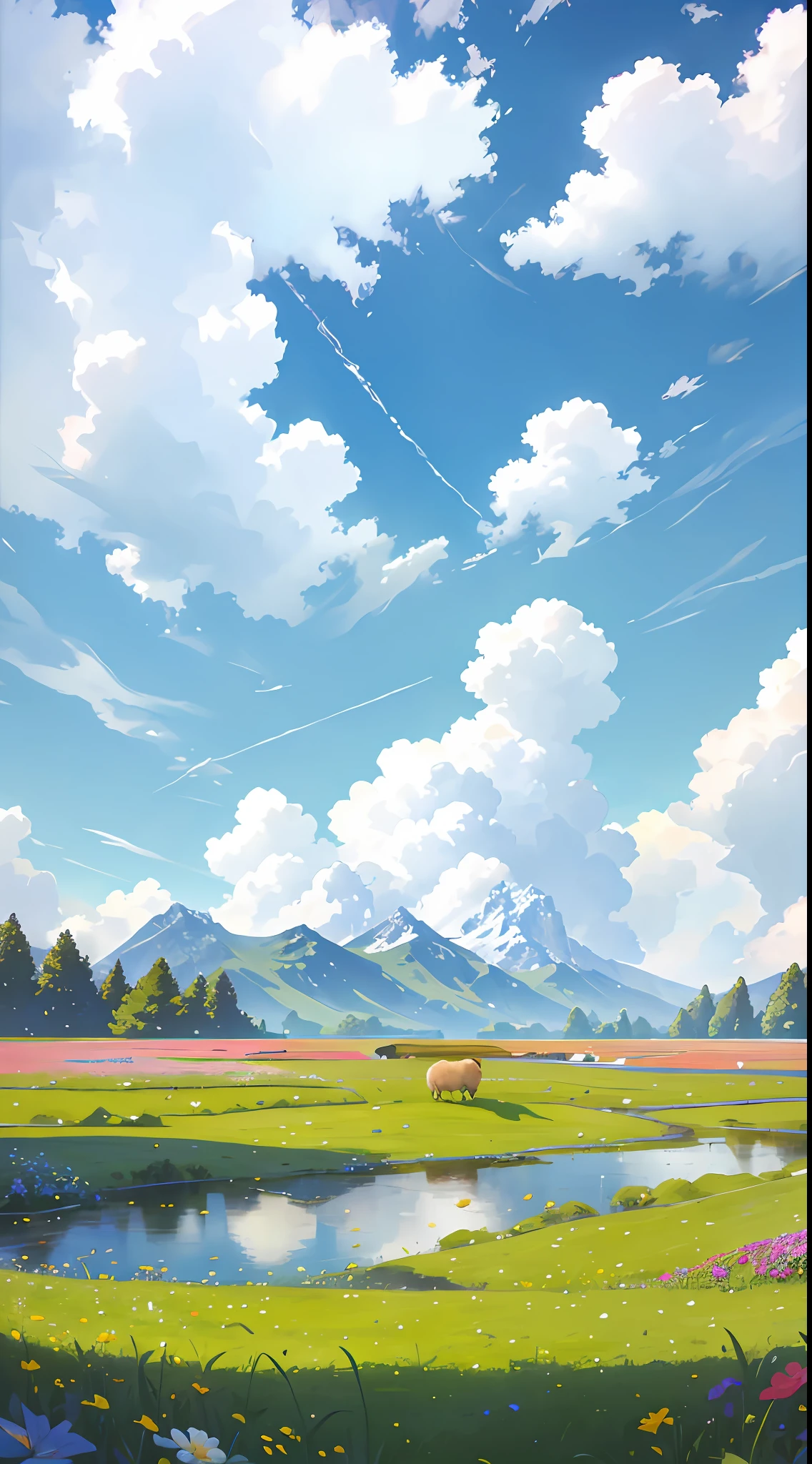 Summer, meadows, a few small flowers, clear lakes, sheep, heaven, large clouds, blue sky, hot weather, HD detail, hyper-detail, cinematic, surrealism, soft light, deep field focus bokeh, distant vistas are snowy mountains, ray tracing, and surrealism. --v6