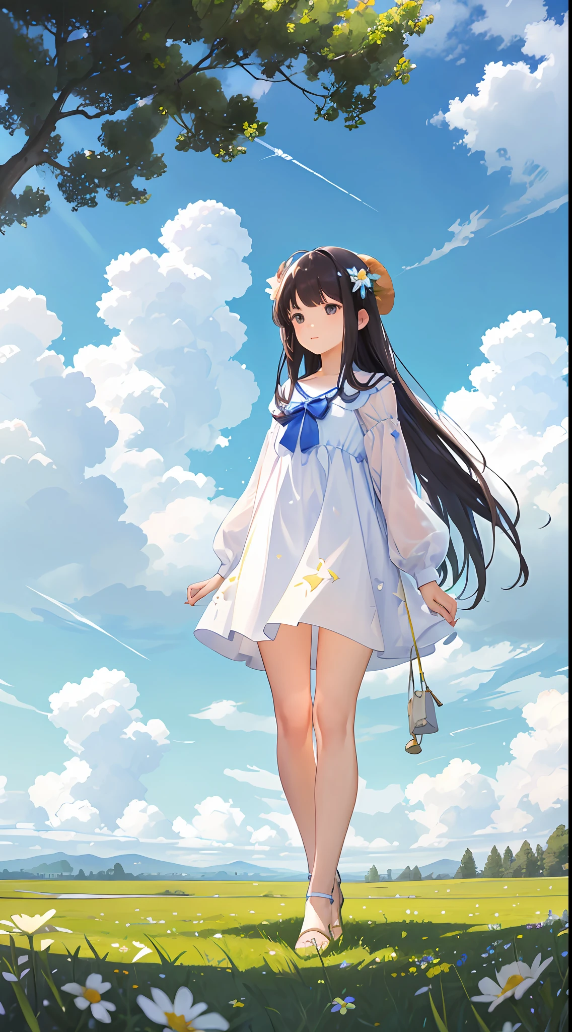 Summer, meadows, a few small flowers, clear lakes, sheep, heaven, large clouds, blue sky, hot weather, HD detail, hyper-detail, cinematic, surrealism, soft light, deep field focus bokeh, distant vistas are snowy mountains, ray tracing, and surrealism. --v6