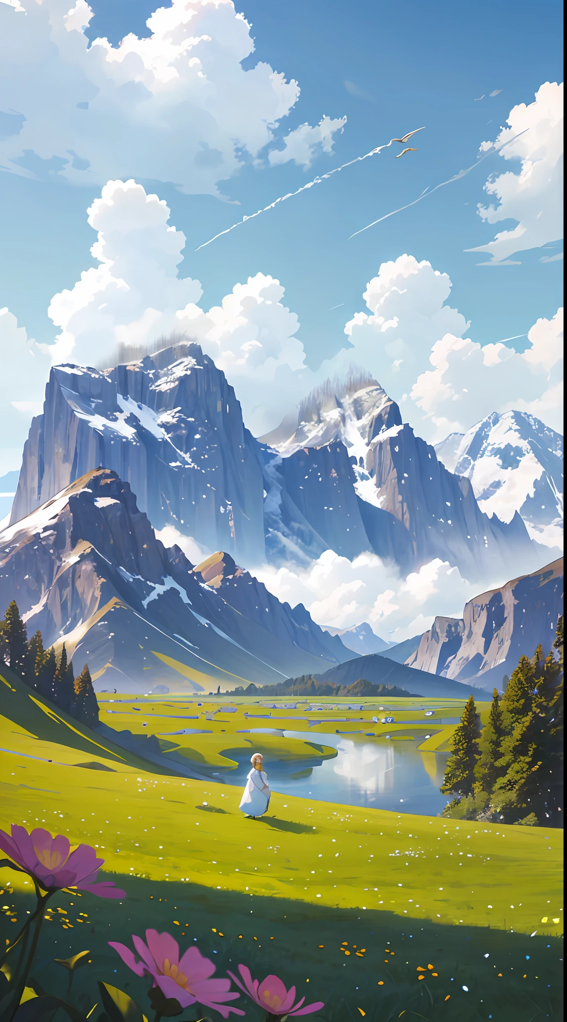 Summer, meadows, a few small flowers, clear lakes, sheep, heaven, large clouds, blue sky, hot weather, HD detail, hyper-detail, cinematic, surrealism, soft light, deep field focus bokeh, distant vistas are snowy mountains, ray tracing, and surrealism. --v6