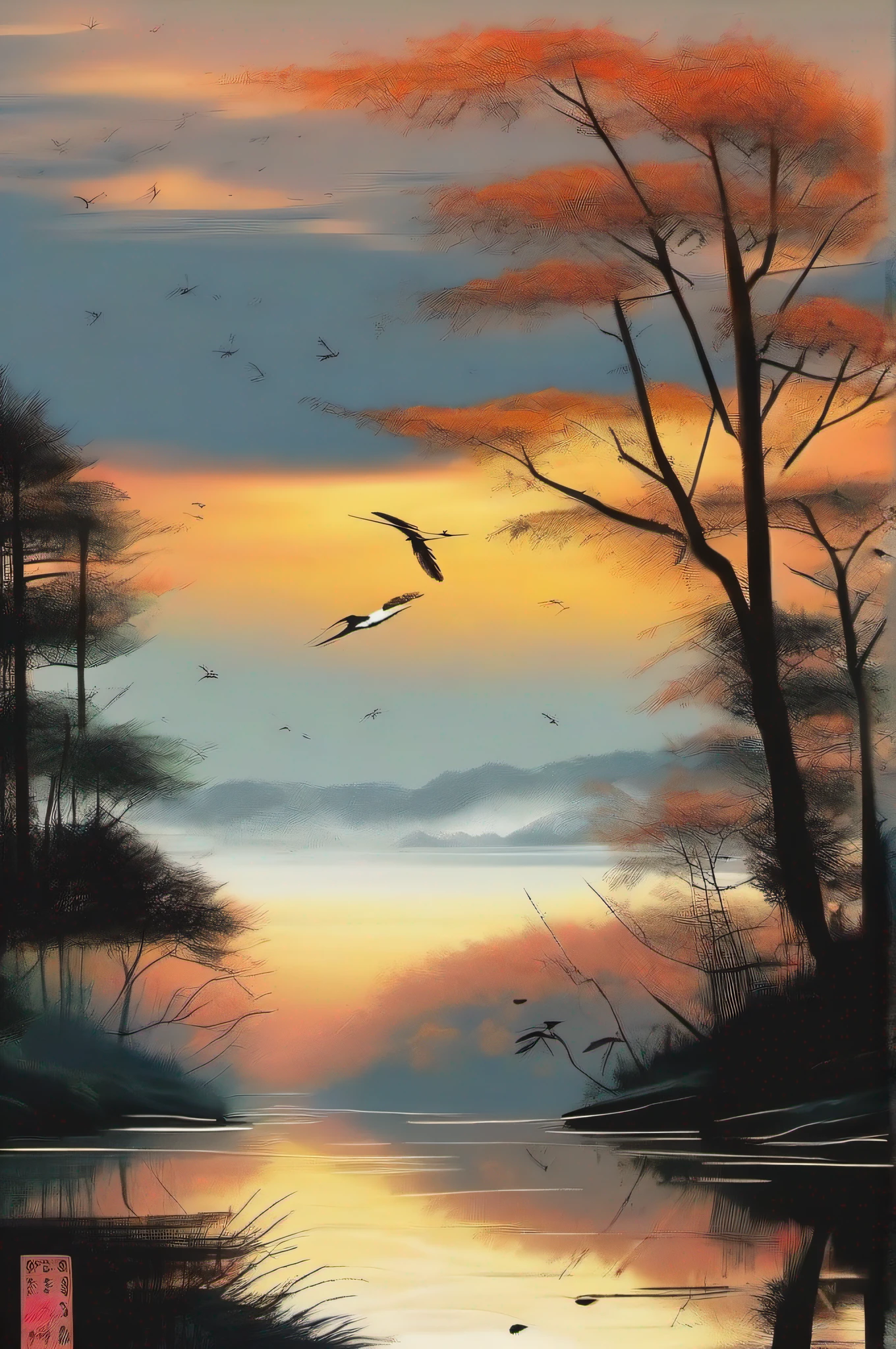 China ink painting，The sunset and the solitary crane fly together，The autumn water is the same for a long time。The mood of this poem --auto