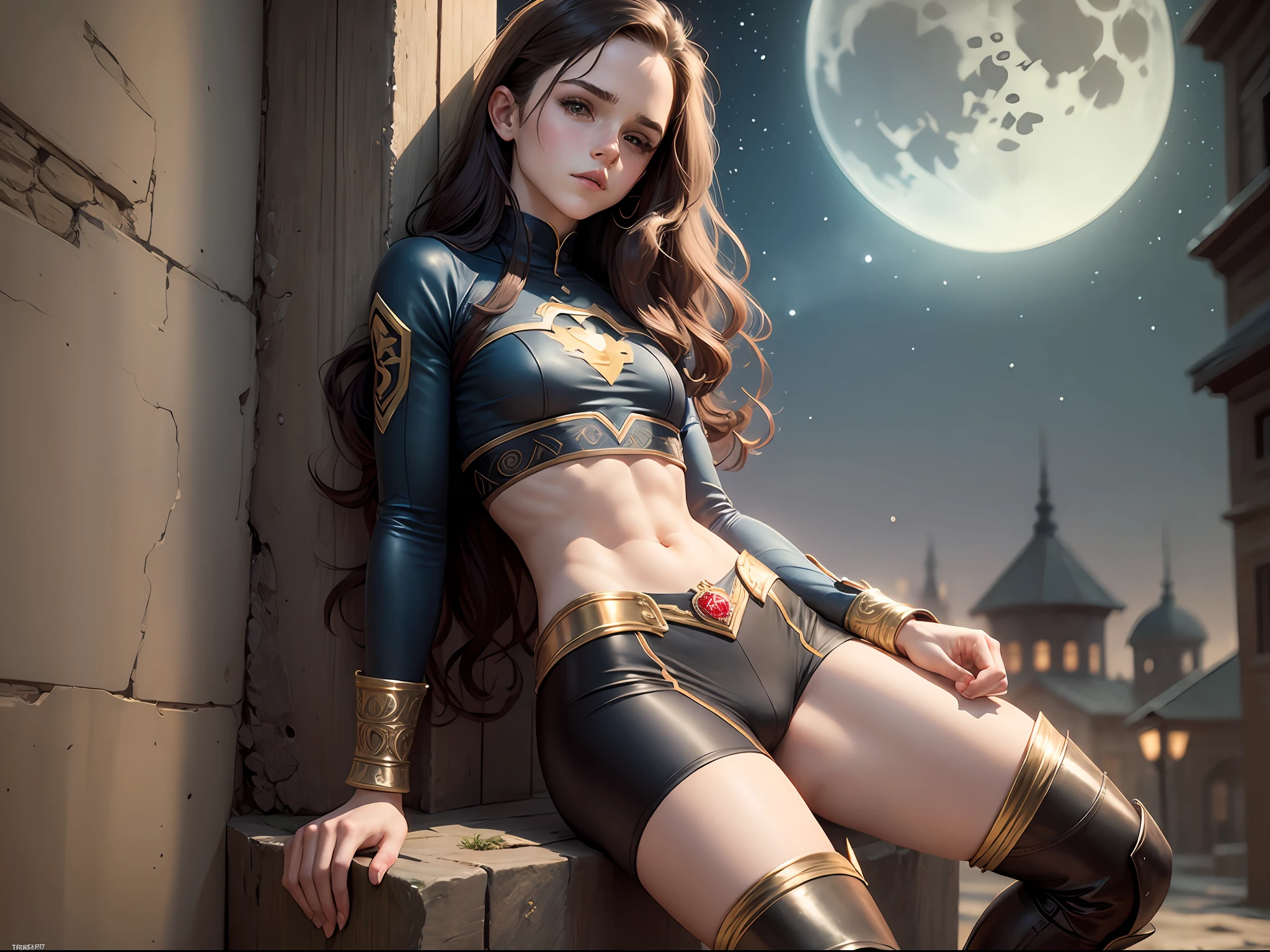 masterpiece. Teen emma watson dressed as Robin the boy wonder. Detailed tight costume. crop top. Defined body. Slender. Small breasts. background moon. night. long hair. leaning on a wall that has intricate carvings and jewels. boots.