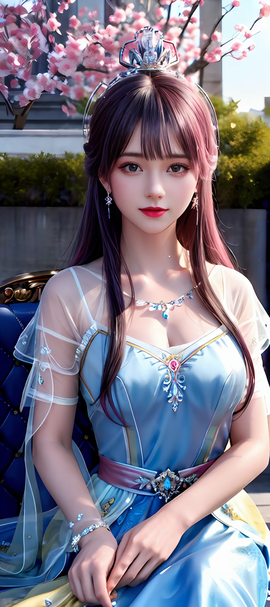 realisticity: 1.2), best quality, masterpiece, highres, super detail, ultra detail, cg, 1girl, queen, weapon, sword, long hair, dress, water, solo, jewelry, yellow dress, wearing a very beautiful dress, there are lots of diamonds on her dress which is very beautiful,
wearing a very beautiful crown, earrings, hair ornament, splashing, upper body super realistis, hair bun, blue and pink hair, sitting on a magnificent and beautiful royal throne backgraun super realistis and super detai, ultra detail, lighting,candid, Photograph, high resolution, 8k, 10k, Bokeh,