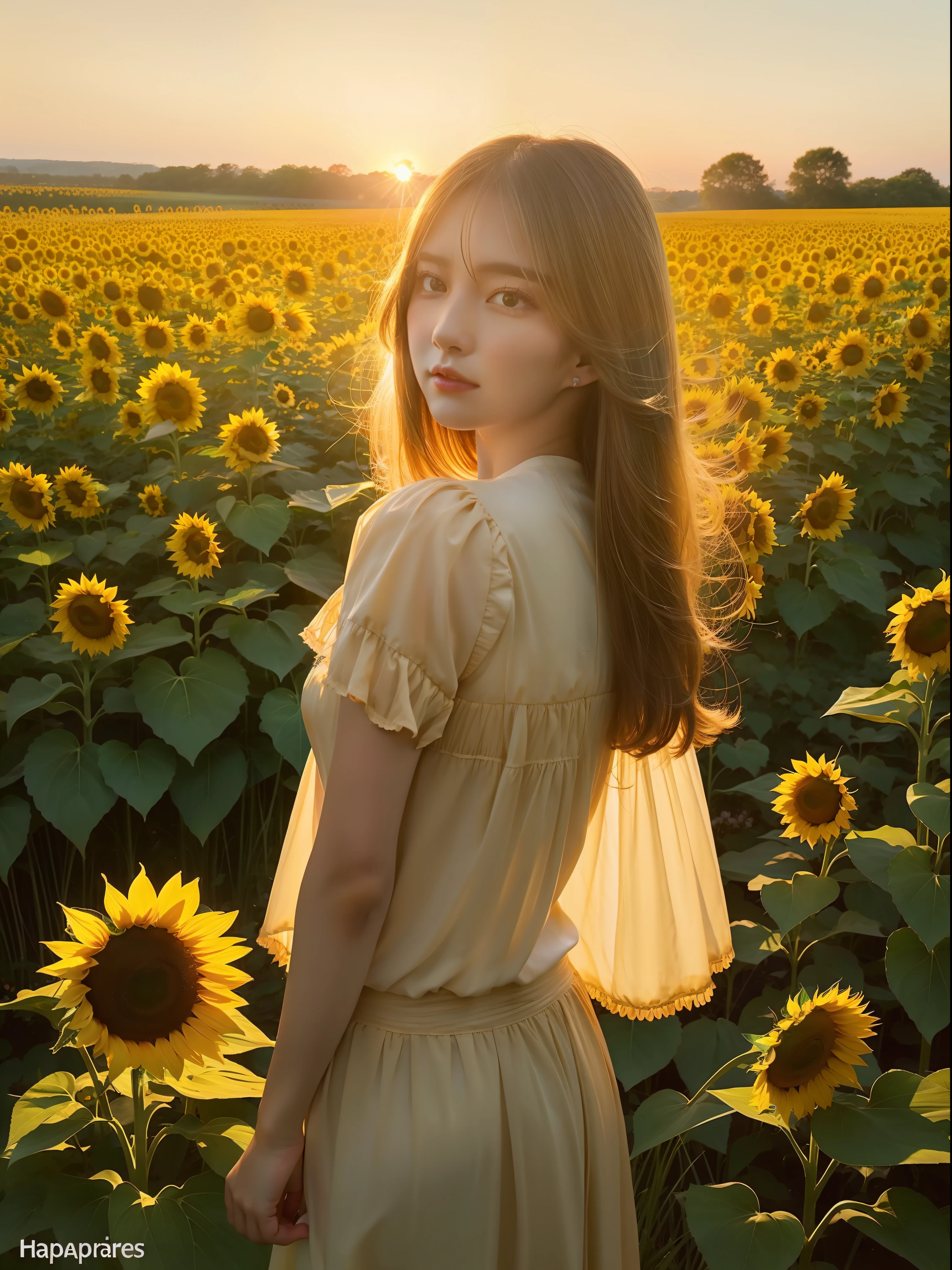 looking at the spectator、((sharpnes))、ciinematic light、Woman standing in a vast sunflower field、the colorful natural light、夏天、hot、The Sun Rose High、