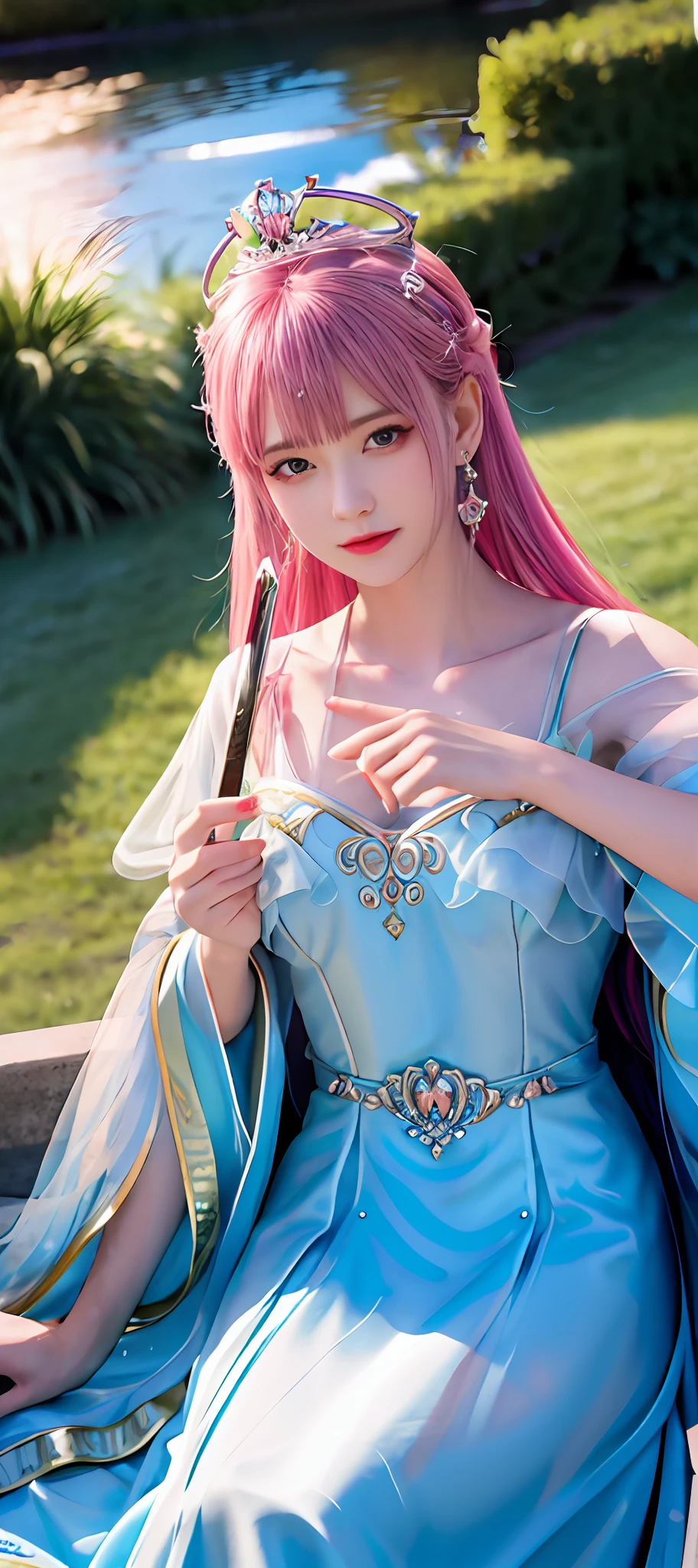 realisticity: 1.2), best quality, masterpiece, highres, super detail, ultra detail, cg, 1girl, queen, weapon, sword, long hair, dress, water, solo, jewelry, yellow dress, wearing a very beautiful dress, there are lots of diamonds on her dress which is very beautiful,
wearing a very beautiful crown, earrings, hair ornament, splashing, upper body super realistis, hair bun, blue and pink hair, sitting on a magnificent and beautiful royal throne backgraun super realistis and super detai, ultra detail, lighting,candid, Photograph, high resolution, 8k, 10k, Bokeh,