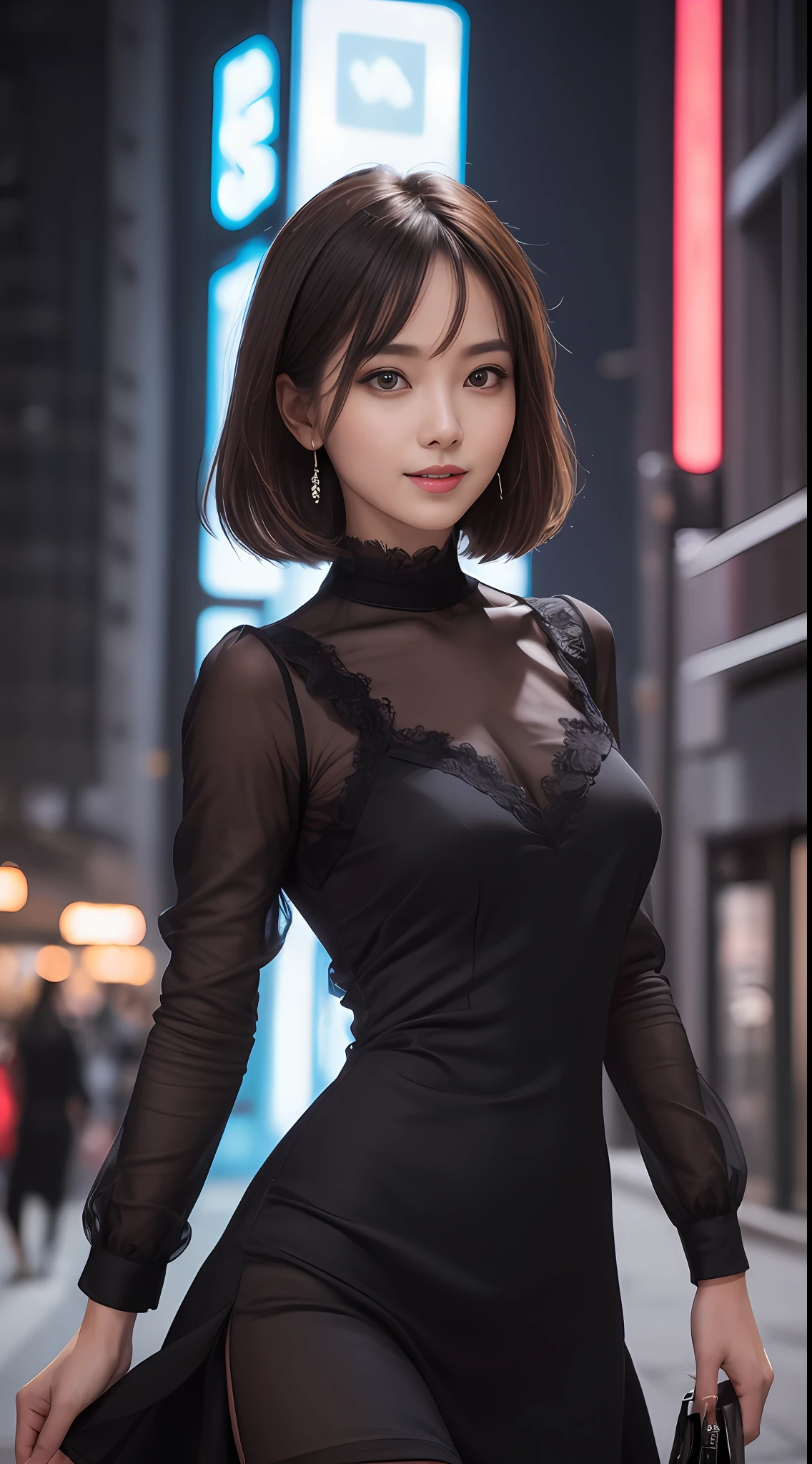 8k, masterpiece, RAW photo, best quality, photorealistic, extremely detailed CG unity 8k wallpaper, Depth of field, Cinematic Light, Lens Flare, Ray tracing, (extremely beautiful face, beautiful lips, beautiful eyes), intricate detail face, ((ultra detailed skin)) 1girl, in the dark, deep shadow, pretty korean girl, kpop idol,(very slim slender fit-muscled body:1.3), ((looking at viewer)),(big smile:1.3), (tight midi dress), (shot sleeve) , (fashion city night, dark night, (neon sign), (big building), fashion street night),(no people), (without people in the background:1.3), pretty korean girl, white earrings, bracelets, necklace, pantyhose, clear eyes, walking , front shot, (pale skin), face forward, (big eyes), ((upper body shot)), ((silk Laced)), ((black color dress:1.3)), (brown hairs) (looking at viewer:1.3), (see through), very slim, medium breasts,  slender fit-muscled body, hermes bag