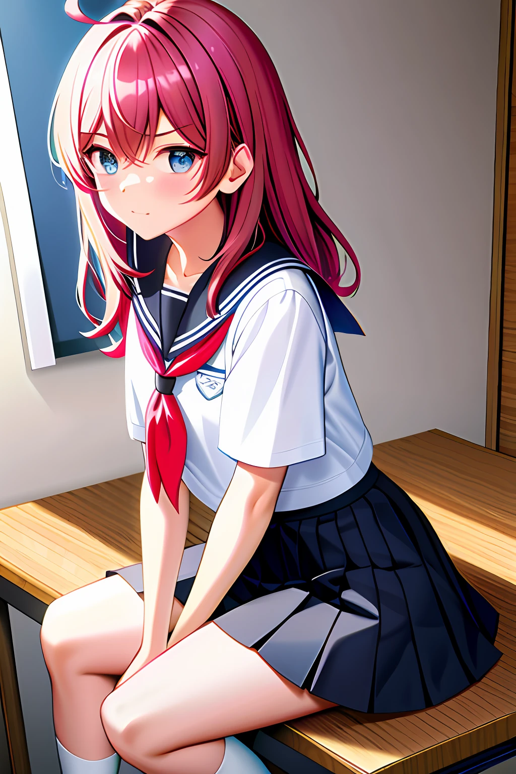 (tmasterpiece), ((best qualtiy)), (super detailing), 1 rapariga, black color hair, small, short, mid - length hair, ahoge, schools, Classroom, , 校服, a skirt, sockes, Serafuk, Neckerchief, Sailor Color, pleatedskirt, White socks, a black skirt, short- sleeved, The shirt, white shirt, Blue sailor color, Blue Neckpa, , Blushlush, By bangs, scowling, Blue eyes, perfect hand, Hand details, Modified finger.耳Nipple Ring,looking_at_viewer,high high quality,rich details,perfect image quality,