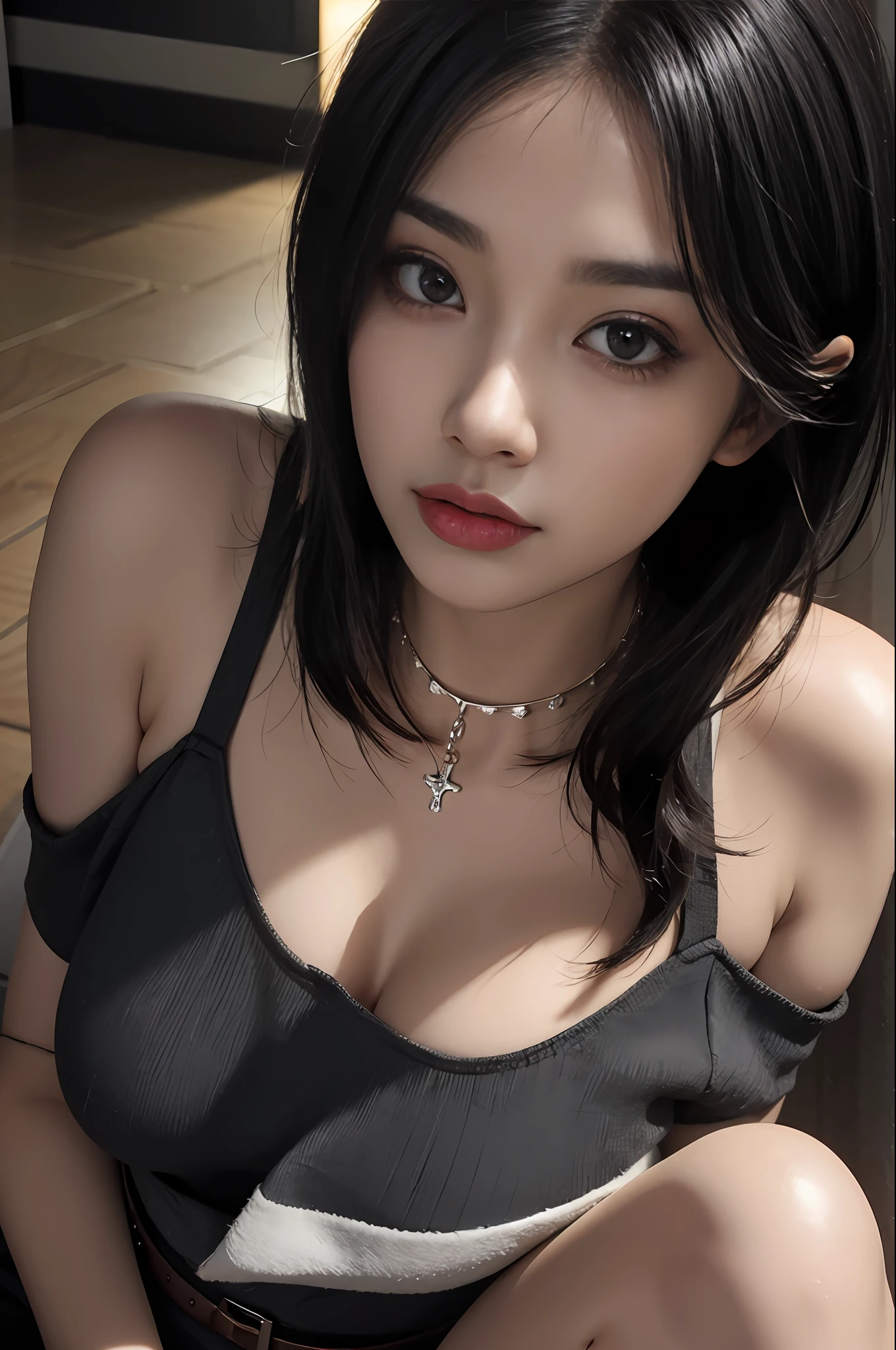 black hair bob，（8K，RAW photos，realisticlying：1.25），Exquisite facial features，busty figure，（Very lip gloss，Many eyelashes，HighestQuali，超高分辨率，depth of fields，color difference，Caustics，Wide light，natural color，Japanese，Women in their 30s） staring at the audience，short detailed hair，choker necklace，bangle，choker necklace，choker necklace，choker necklace，choker necklace，full bodyesbian，，Chest moles，Bare legs，see-through shirts