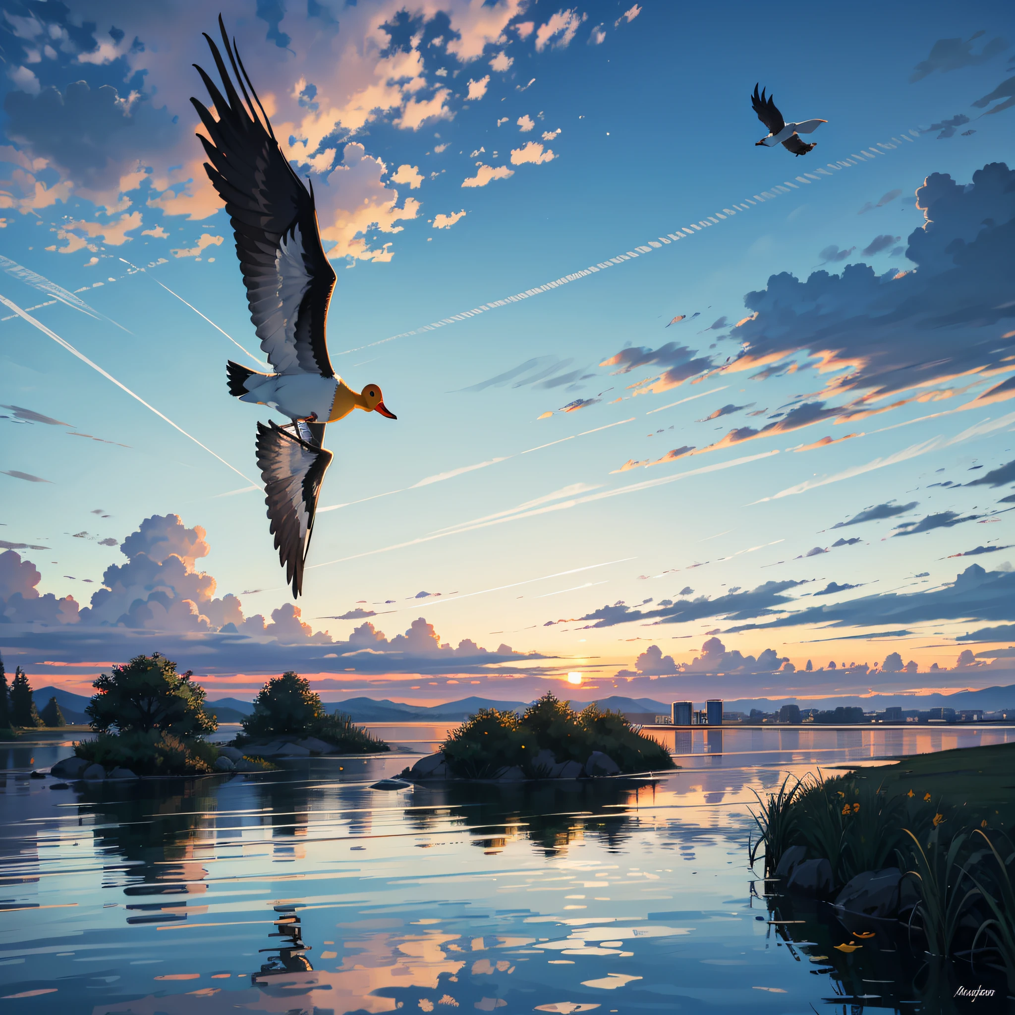 The sunset and the lone duck fly together, and the autumn water is the same color as the sky