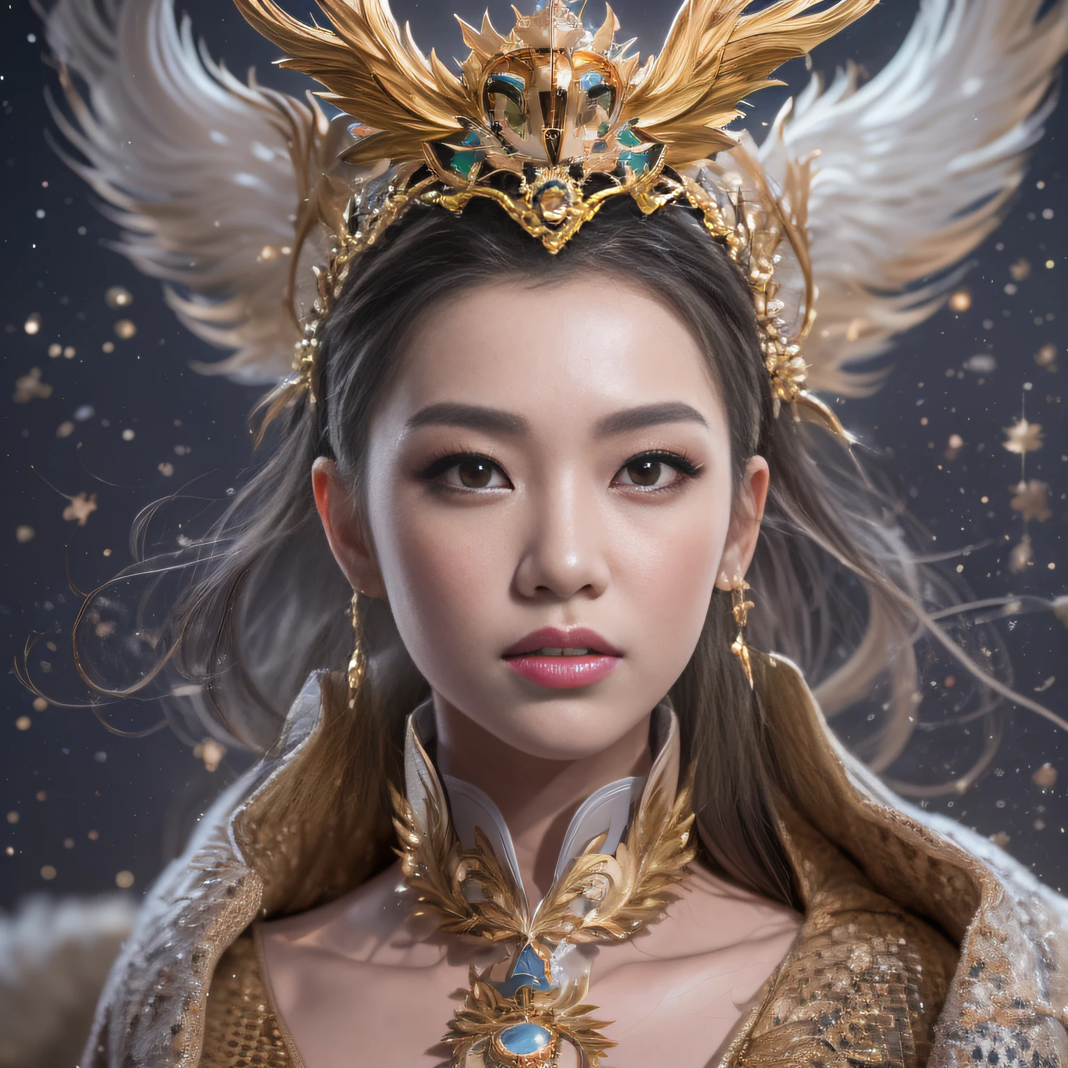 16k（tmasterpiece，k hd，hyper HD，16k）short detailed hair，Vintage train sleeper area，Snow Circle Girl ，Two Golden Dragon Protectors （realisticlying：1.4），Python robe，Purple-pink tiara，Snowflakes fluttering，The background is pure， A high resolution， the detail， RAW photogr， Sharp Re， Nikon D850 Film Stock Photo by Jefferies Lee 4 Kodak Portra 400 Camera F1.6 shots, Rich colors, ultra-realistic vivid textures, Dramatic lighting, Unreal Engine Art Station Trend, cinestir 800，