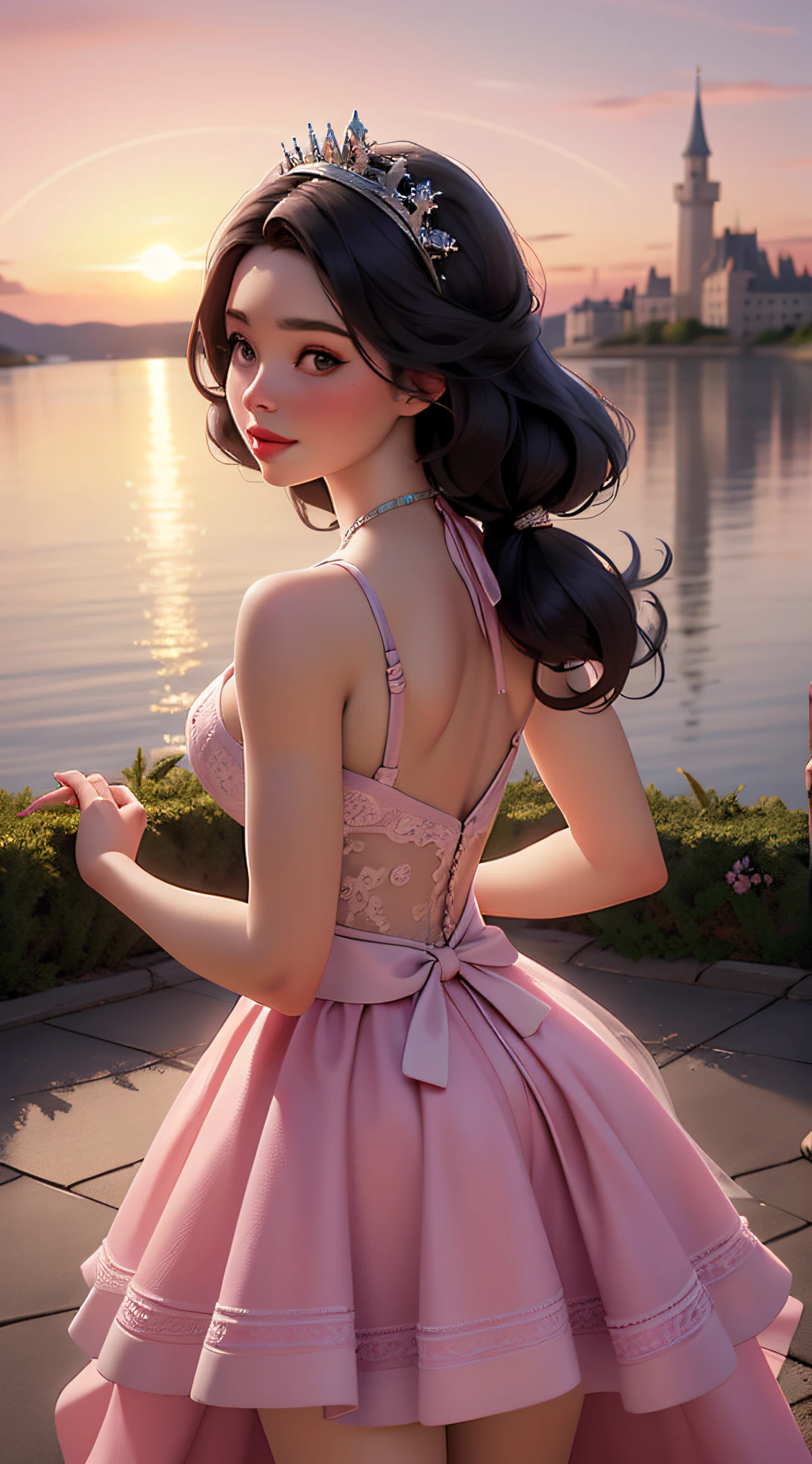 dynamic lighting, 3D model art, A Barbie princess wearing a lovely pink dress, ((sunrise)), The background is a grand castle amidst a magical sunrise, borrowing elements from the scenic grandeur of National Geographic landscapes, beautiful scene is brought to life, by the talented Alec Soth, retina, anatomically correct, textured skin, award winning