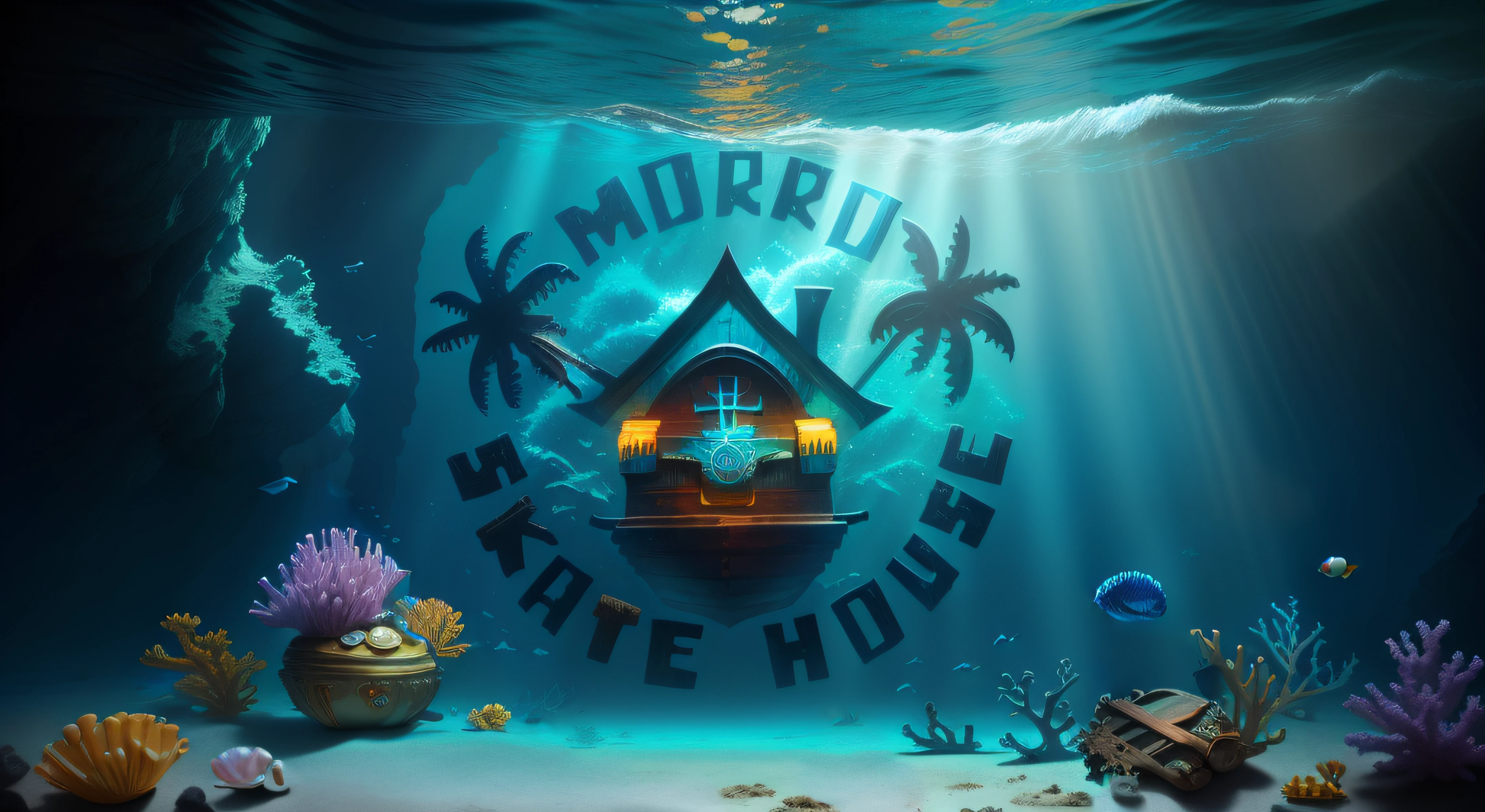 fundo do mar ultra realista, pedras, treasure chest, corais coloridos, vida marinha rica, colorido, barco naufragado, super detalhado, ultra realista, algas, 4K, ultra HD, peixes, ouro, jewelries, pearling, conchas, shell, pearl