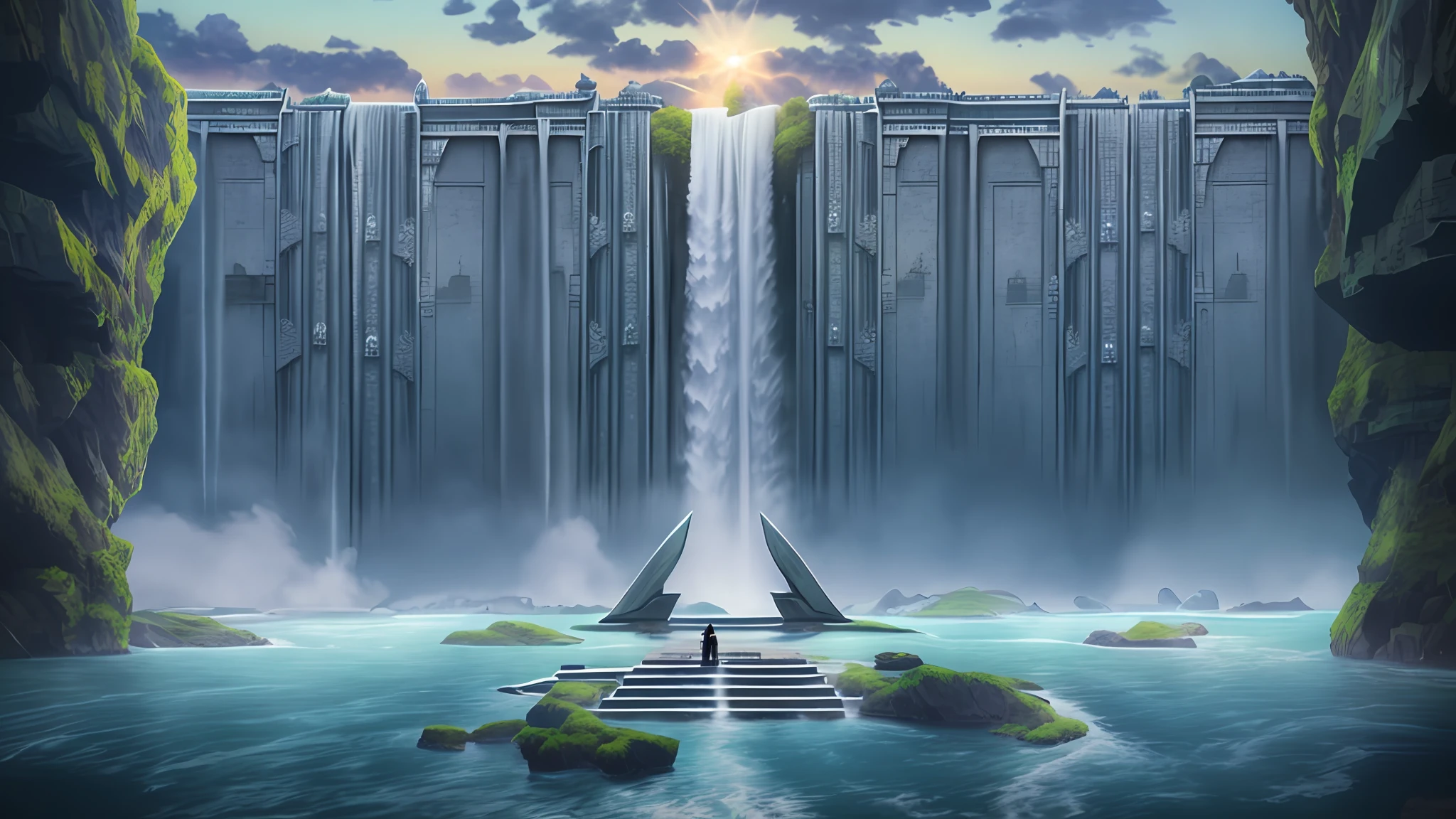 There was a man standing on the platform in front of the waterfall, symmetric matte painting, Fauvist waterfall environment, matte painting in fantasy style, surreal matte painting, exterior of scifi temple, extravagant matte painting, ancient monument waterfall, Symmetrical epic fantasy art, symmetrical fantasy landscape, huge futuristic temple city, water temple, 3 d render and matte painting