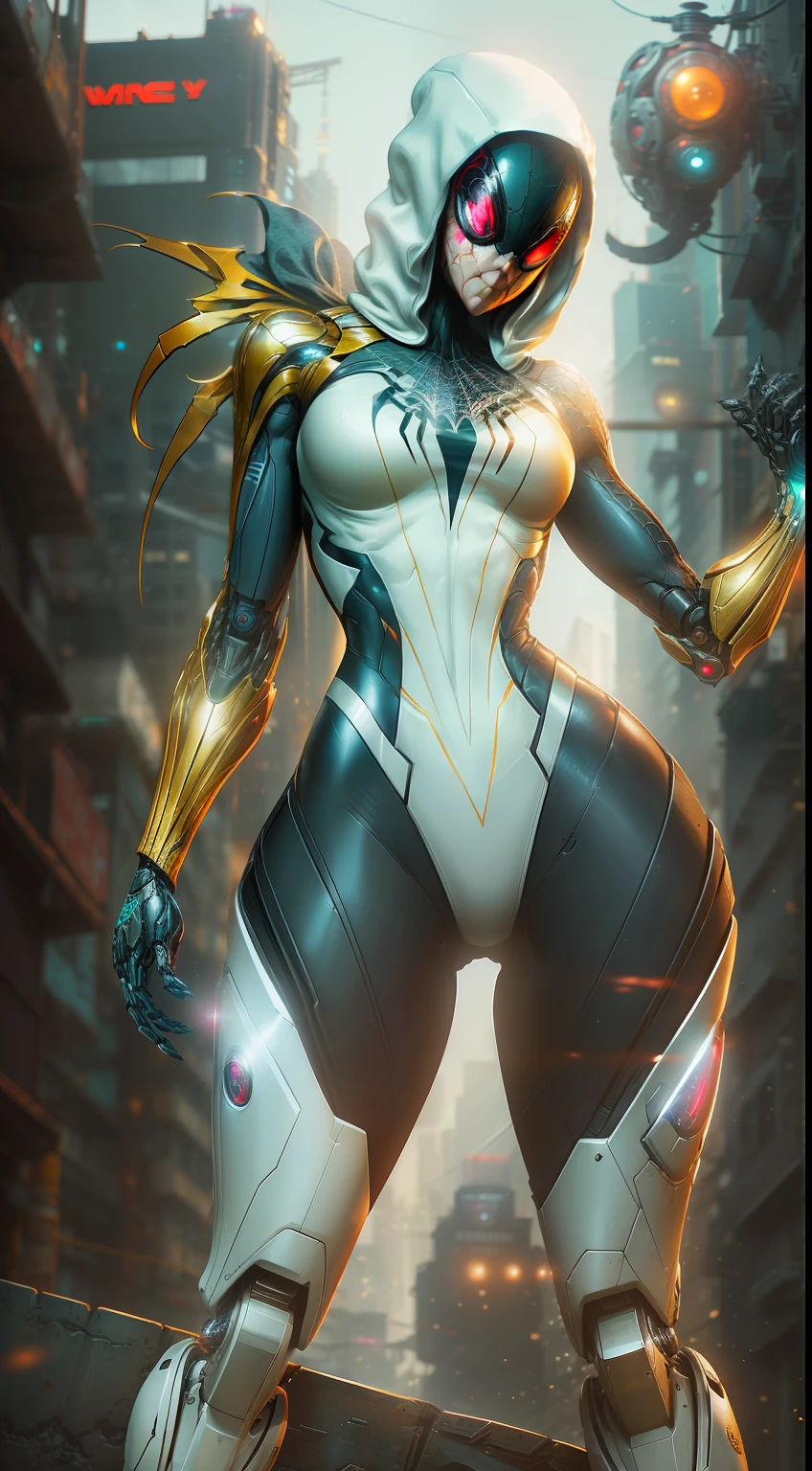 Spider Gwen from Marvel photography, biomechanics, complex robot, golden spider logo, full growth, hyper-realistic, crazy little details, incredibly clean lines, cyberpunk aesthetic, masterpiece featured on Zbrush Central, cyberpunk city backdrop