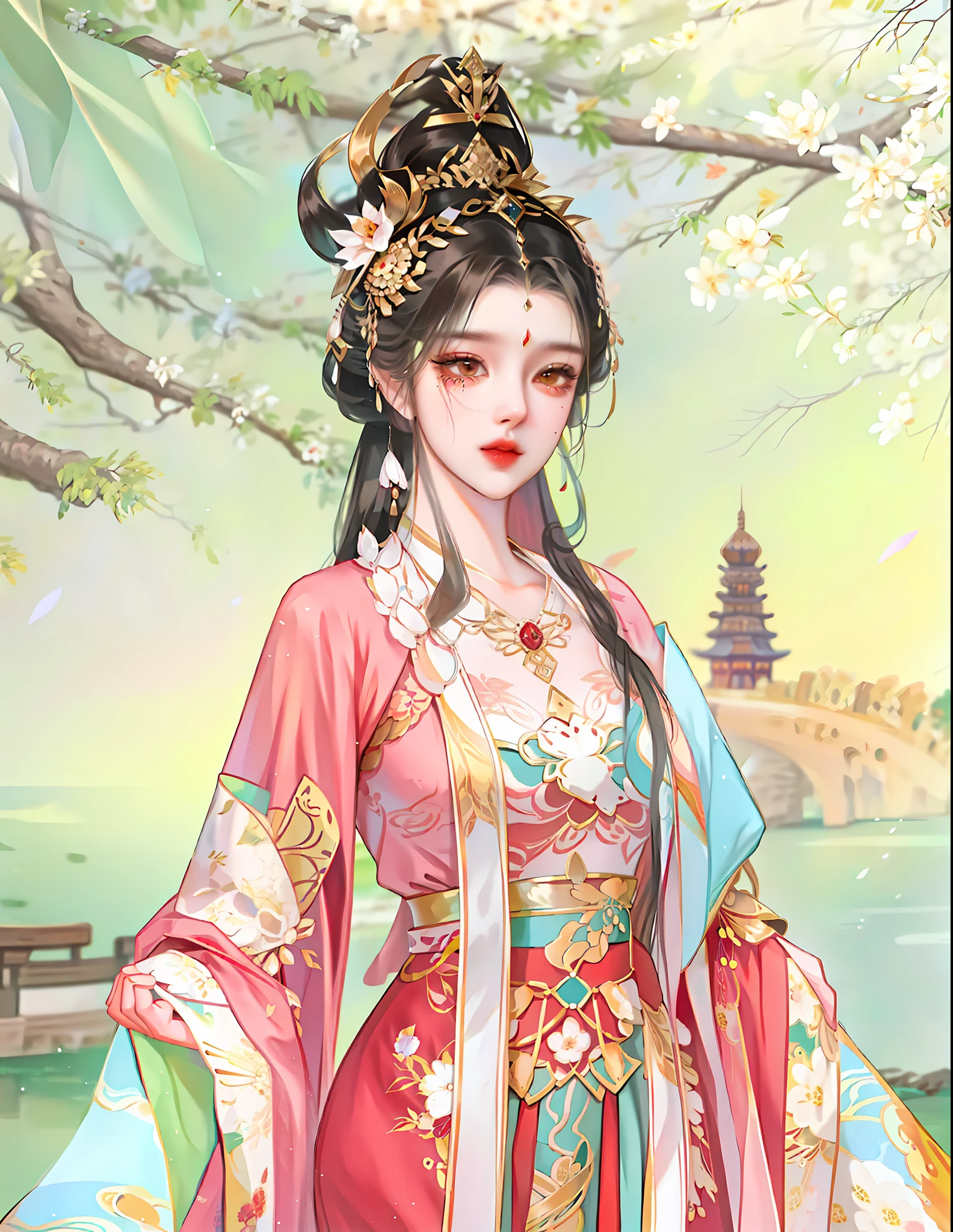 oriental girl,Works of masters,It is engaging and beautifully composed,Her figure is curvy,Enough to be a masterpiece。The painting is undoubtedly super detailed,Her figure is curvy,Best picture quality,Higher quality,high detal, 超高分辨率, 8K分辨率, depth of fields, cinematic photogtaphy, intricately details, carefully, meticuloso, glorious, max detail, extreme beautiful, (((1girll, 独奏))), A picture, tmasterpiece, (Best picture quality), Higher quality, high detal, 超高分辨率, in a panoramic view, Exquisite facial features, s the perfect face,Detailed digital anime art,Araved woman in a red and gold dress standing in front of the lake, a beautiful fantasy empress, Palace , A girl in Hanfu, Inspired by Lan Ying, Inspired by Qiu Ying, Princesa chinesa antiga, ((a beautiful fantasy empress)), Inspired by Huang Ji, inspired by Ju Lian, inspired by Zhou Fang, Inspired by Tang Yifen