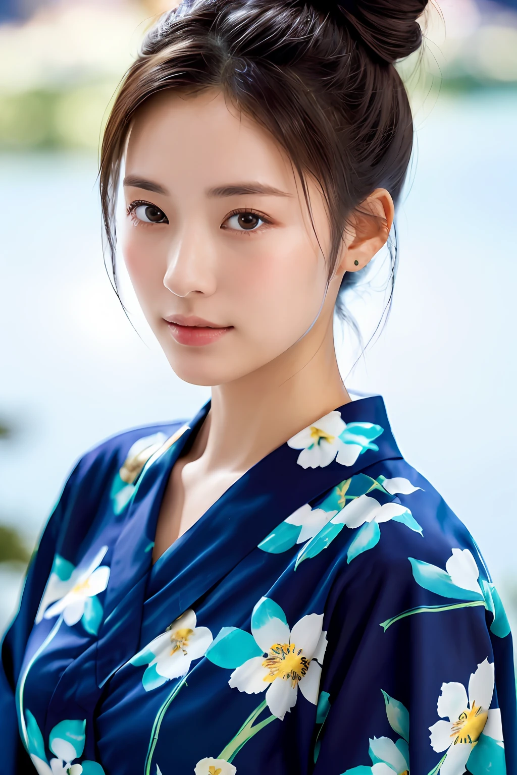 ((​masterpiece、top-quality、ultra-definition、hight resolution))、独奏、a beauty girl、radiant eyes、perfect  eyes、Japan's beautiful sister、One bun hair、Yukata with white floral pattern、The background is a night view、high-level image quality、4K.