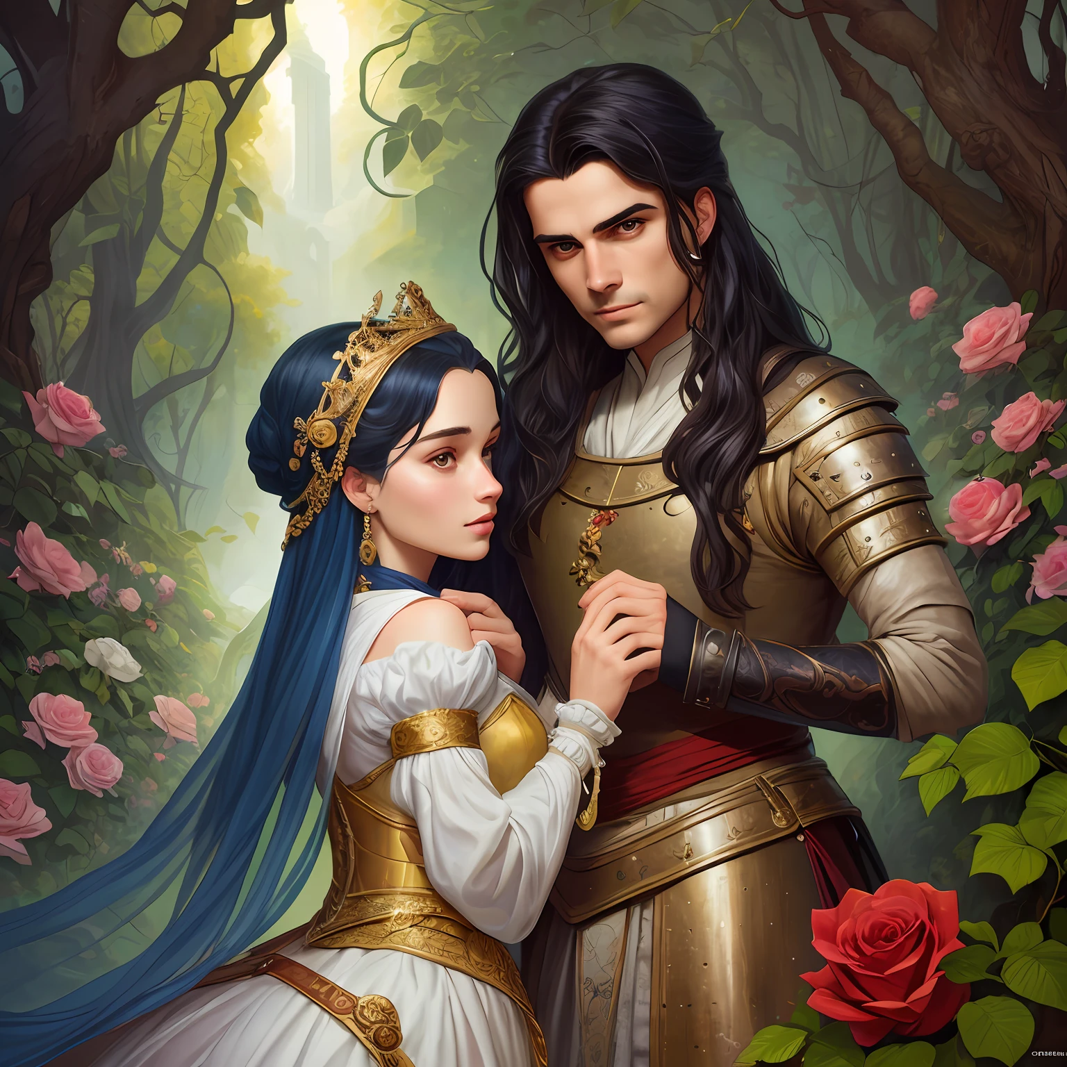 Casal se beija com muito carinho, Neels Visser is a prince who has black hair, wears a medieval military outfit and is in love with the commoner Emilia Clarke, que tem cabelo branco luar encaracolado claro e usa um vestido vermelho, Illustration of a novel book cover with a detailed background, liso, bright full of ivy-covered flowers and red roses with a dragon protecting them, Ornate dress standing on a bed of roses, luz de aro, dynamic lighting, etherial lighting, ultra detalhe, arte conceitual, elegante, surreal, arte de Lisa Aisato, Greg Hildebrandt, Citemer Liu, Stjepan Sejic, Samyang, Aykut Aydogdu, Justin Gerard, Alphonse Mucha, Artgerm, WLOP e Greg Rutkowski
