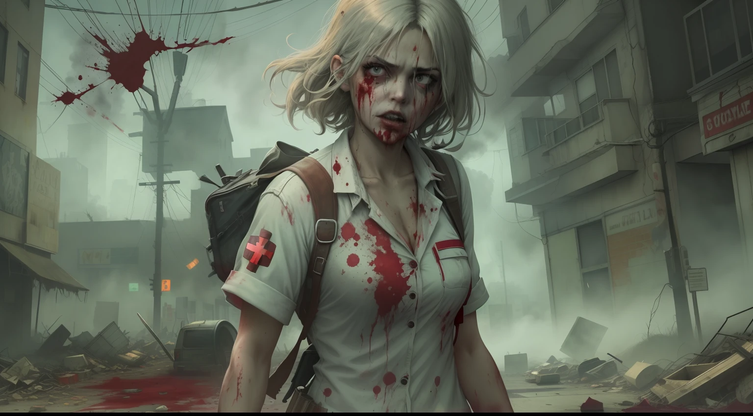 A zombie nurse wearing a bloodstained uniform is wandering down a deserted street in a fictional town called Silent Hill. A enfermeira tem a pele roxa e os olhos fundos. His hair is disheveled and his uniform is torn. The fog is thick and the air is gloomy. The only sound is the wind blowing through the trees. The scenario is apocalyptic and it seems that the end of the world has already happened. The zombie nurse is carrying a bloodied knife. The street is covered in age and rubble. The cars on the street are rusty and broken. The air is full of flies and the only sound is the wind blowing through the trees.