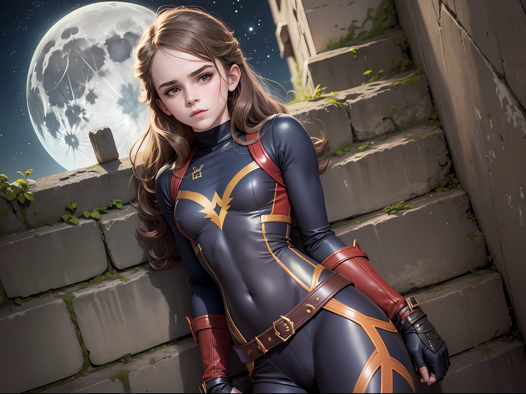 masterpiece. emma watson dressed as Robin the boy wonder. Detailed tight costume. Defined body. Slender. Small breasts. background moon. night. long hair. leaning on a wall.